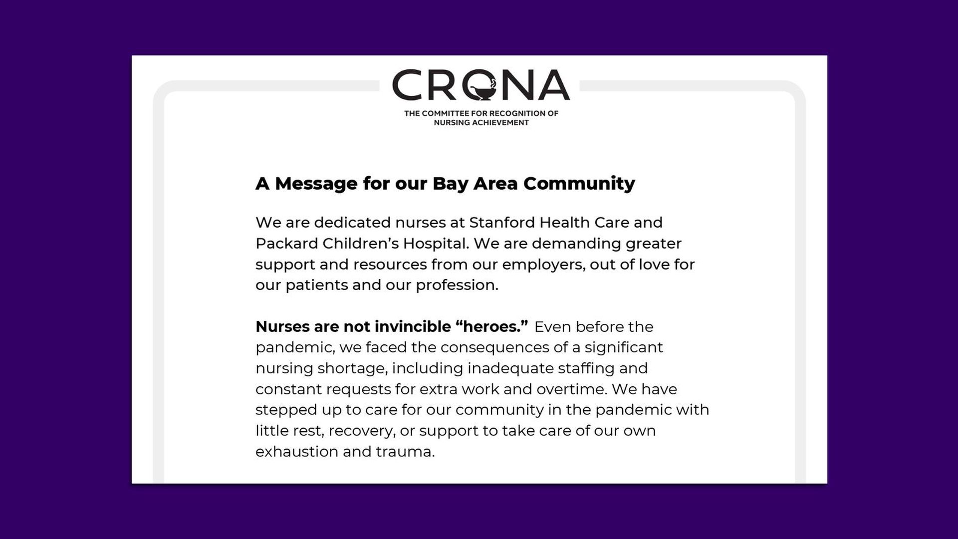An open letter from CRONA explaining the plight of nurses.
