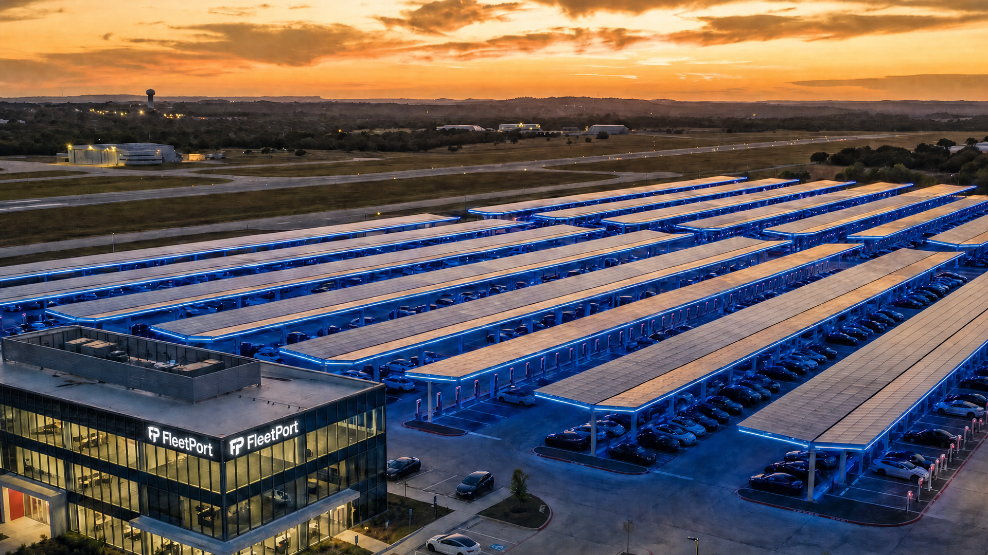 Aerial view of a FleetPort building with glass facade, parking beneath long blue solar-paneled canopies, cars parked in rows, with EV chargers, set against an orange sunset sky over a flat landscape.