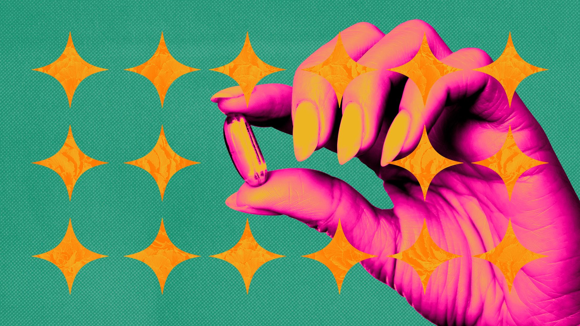 Illustration of a hand holding a pill, collaged with sparkle shapes.