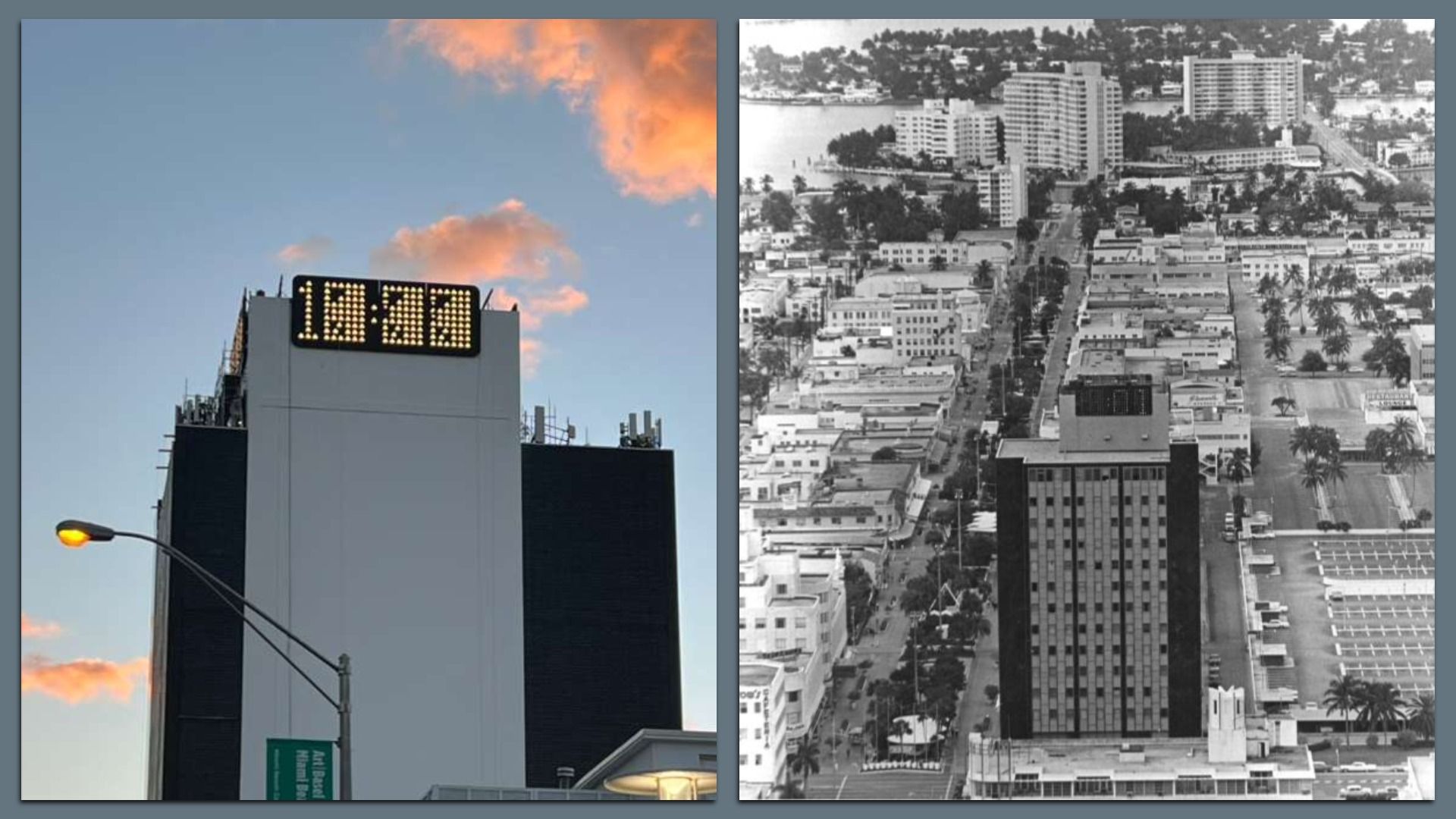 Two side-by-side images of a tall rectangular building with a black and white facade. Left shows a modern photo at sunset with a digital clock displaying 10:30. Right is a vintage black-and-white aerial city view including the same building.