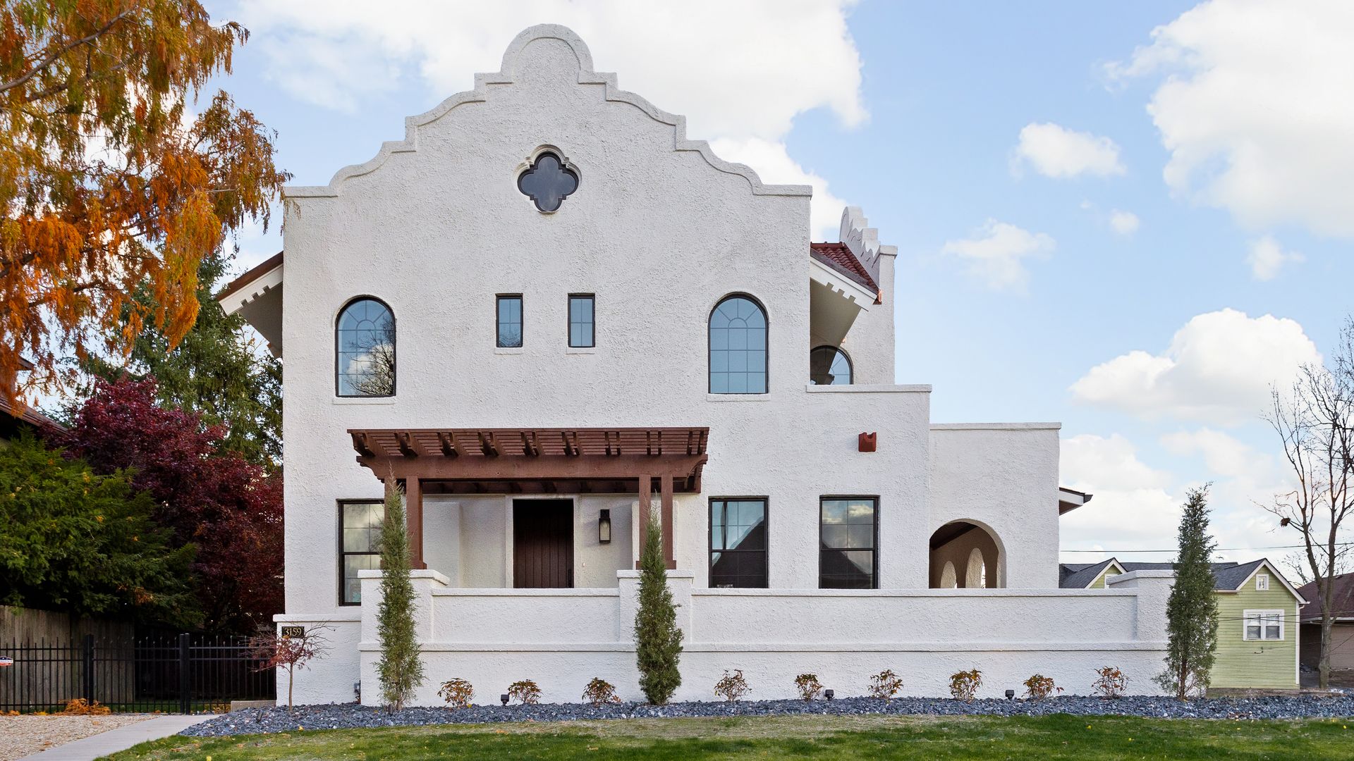A white, adobe house.