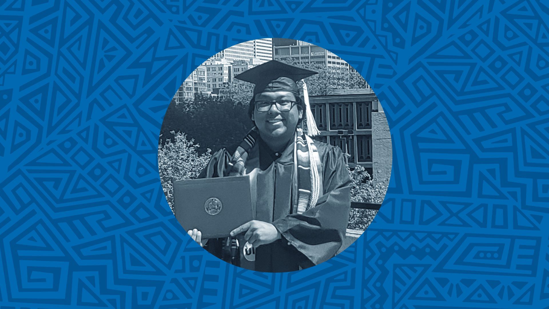 Photo illustration of Carlos Morales, Jr. in a circular frame surrounded by a patterned background.