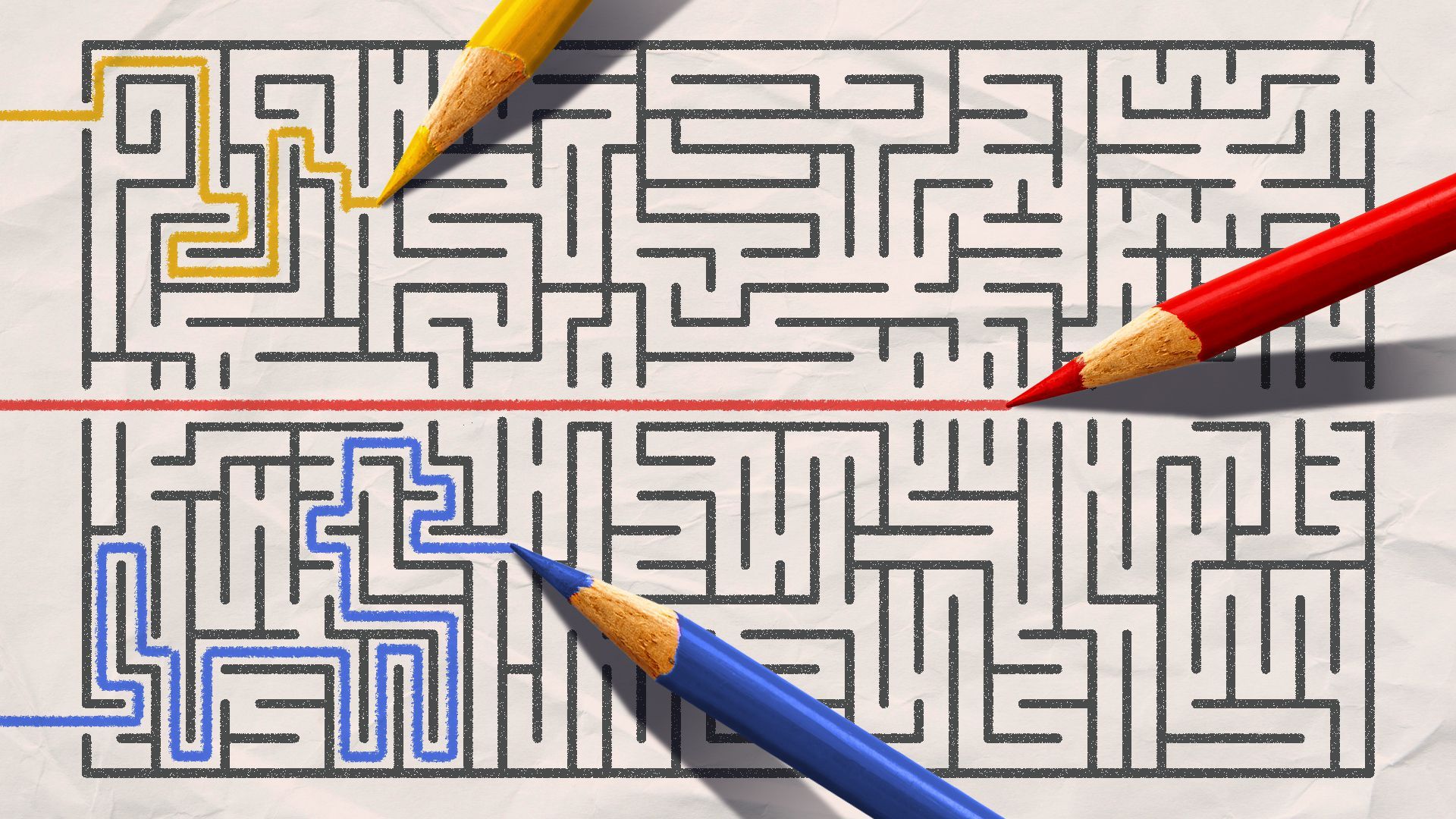 Illustration of three pencils drawing their way through a maze, with one pencil going straight through the center