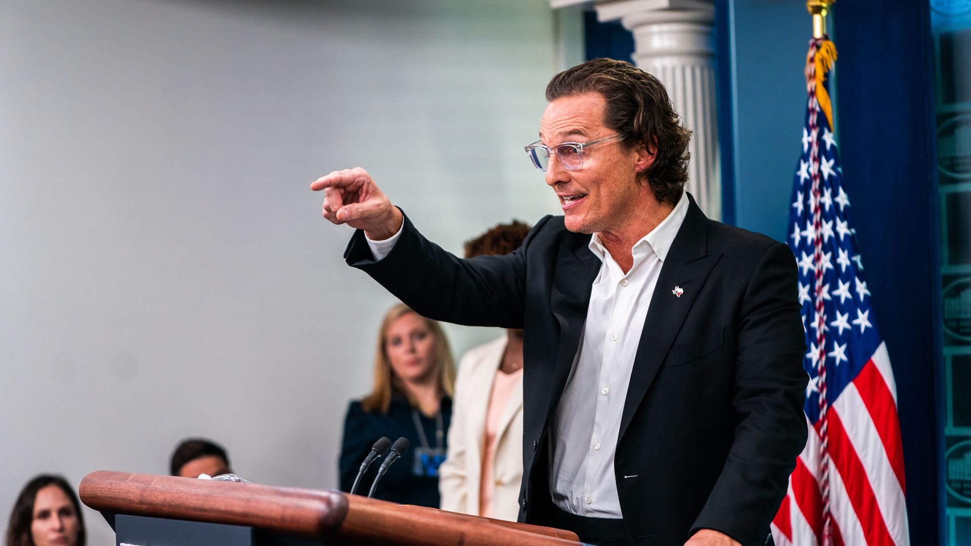 Actor Matthew McConaughey delivers remarks on the mass shooting in Uvalde as he speaks during the White House daily press briefing in the James Brady Room at the White House on June 7, 2022. Photo: Demetrius Freeman/The Washington Post via Getty Images