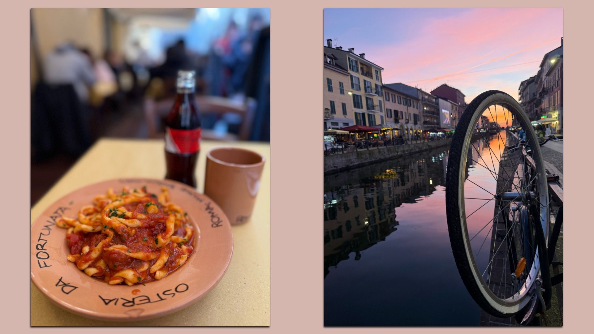 Left: Plate of pasta with red sauce, a brown cup, and a Coke Zero on a table in a blurred indoor setting. Right: Bicycle wheel by a canal reflecting sunset colors, with buildings and outdoor cafes along the water.