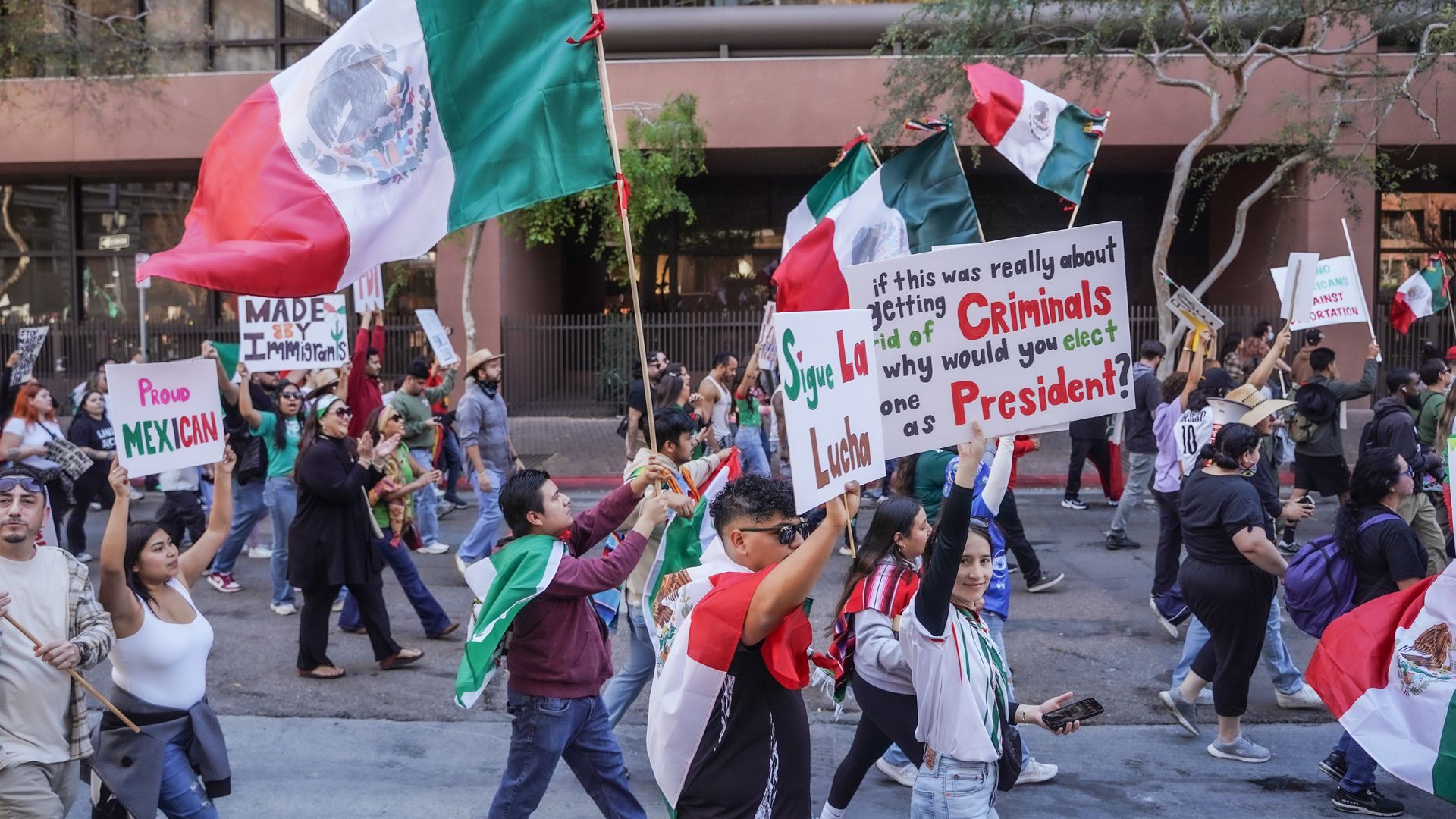 Thousands of people march on the streets with placards and Mexican flags protesting recent deportation activities by ICE, following executive orders issued by President Trump in the past two weeks in downtown San Diego, United States, on February 2nd, 2025.
