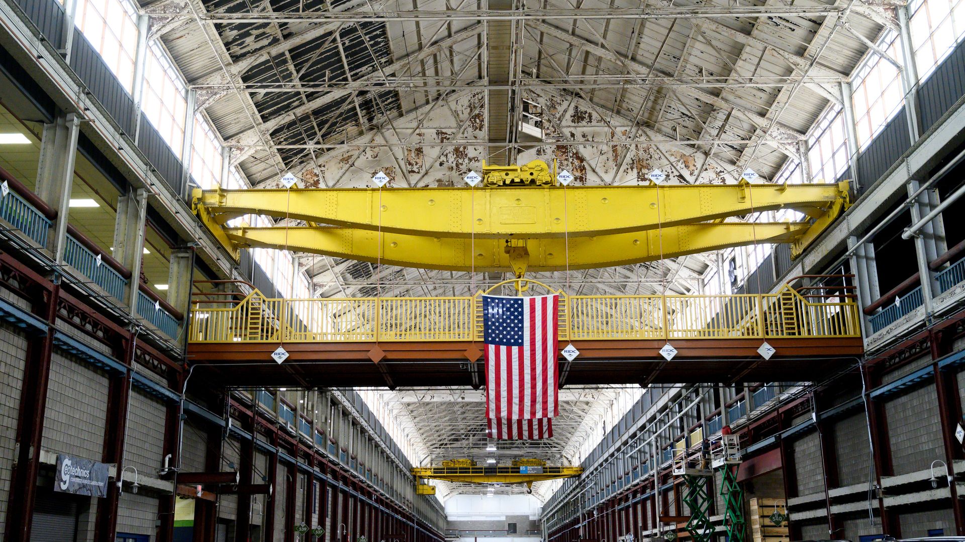 An American flag inside the former Westinghouse plant, which now houses several businesses, including Eos Energy Enterprises Inc. manufacturing facility, in Turtle Creek, Pennsylvania, US, on Tuesday, May 27, 2025. Eos Energy