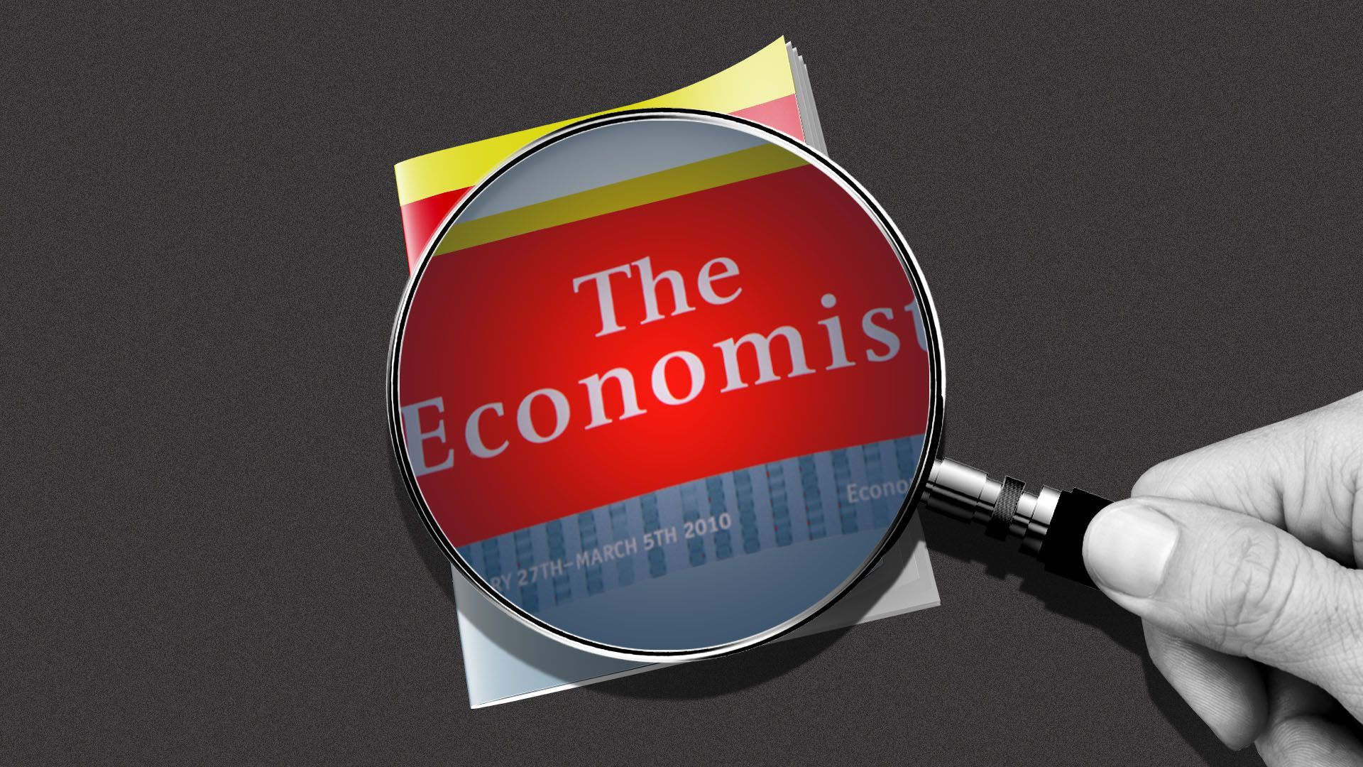 A magnifying glass is being held up overtop the Economist magazine.