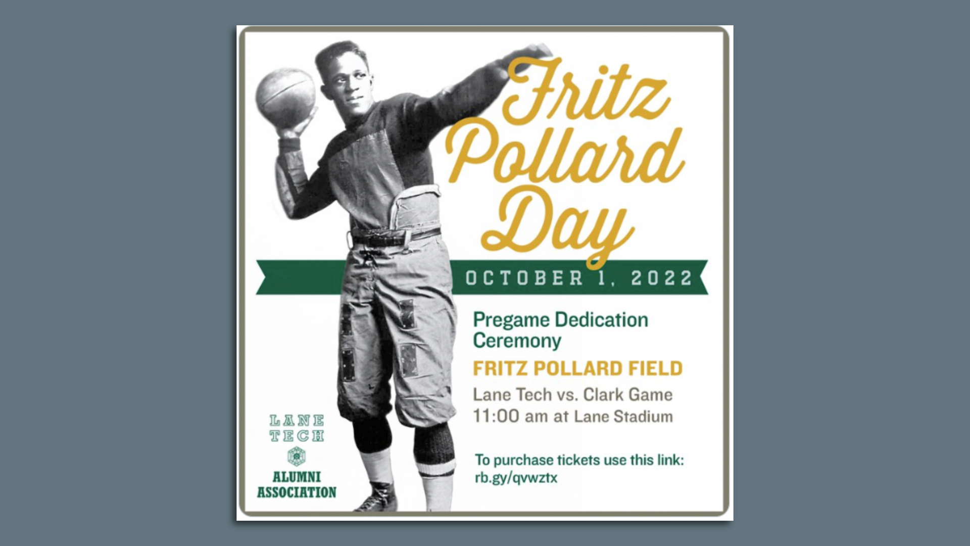 A flyer promoting "Fritz Pollard Day" showing a man throwing a football. 