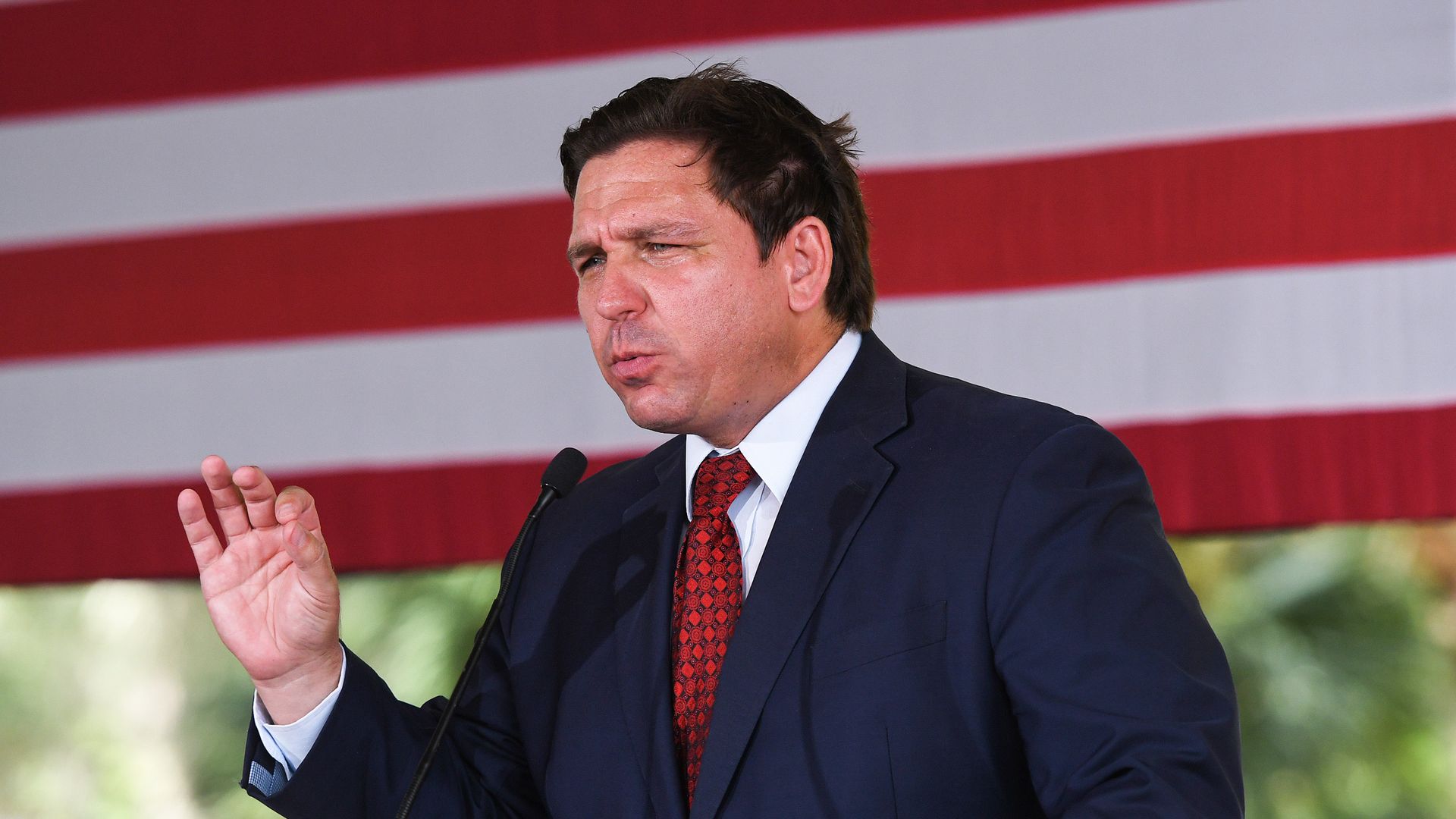 Florida Gov. Ron DeSantis speaks to supporters at a campaign stop on the Keep Florida Free Tour at the Horsepower Ranch in Geneva.
