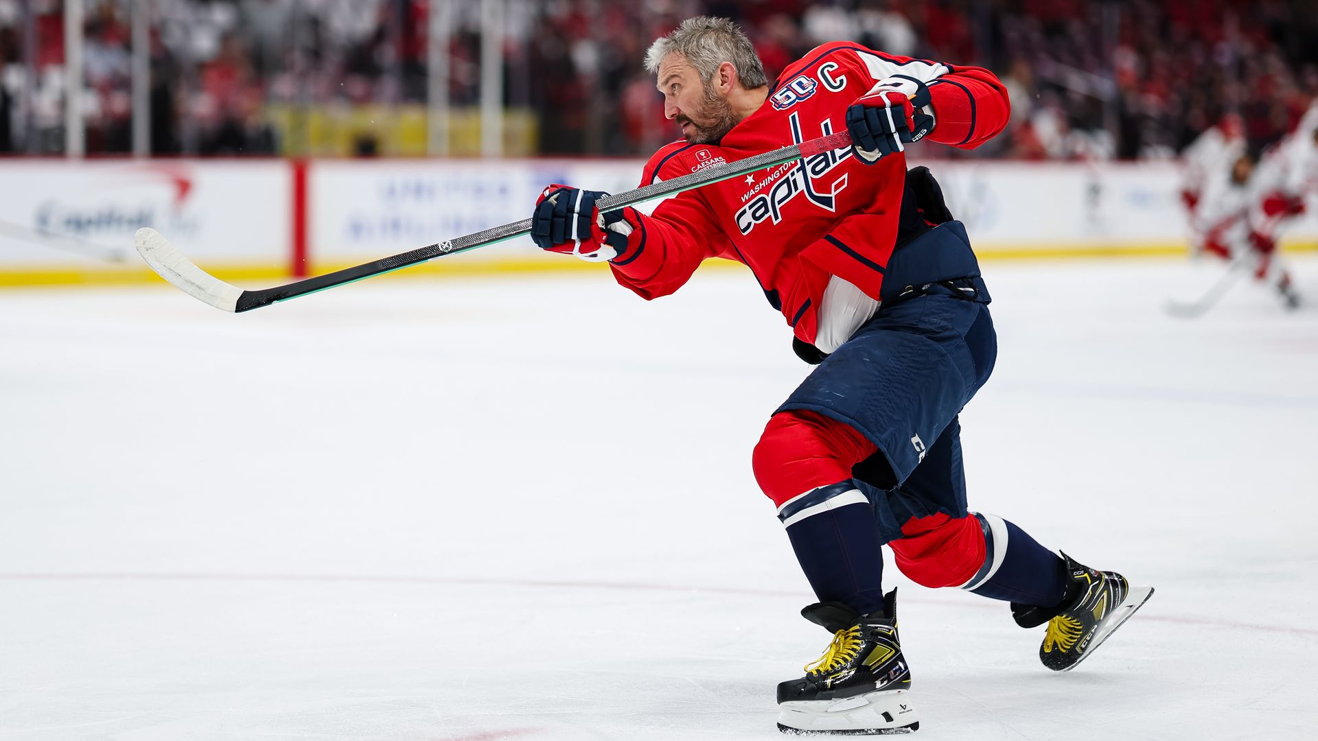 Alex Ovechkin #8 of the Washington Capitals shoots the puck before Game Two of the Second Round of the 2025 Stanley Cup Playoffs against the Carolina Hurricanes at Capital One Arena on May 8, 2025 in Washington, DC. (Photo by Scott Taetsch/Getty Images)