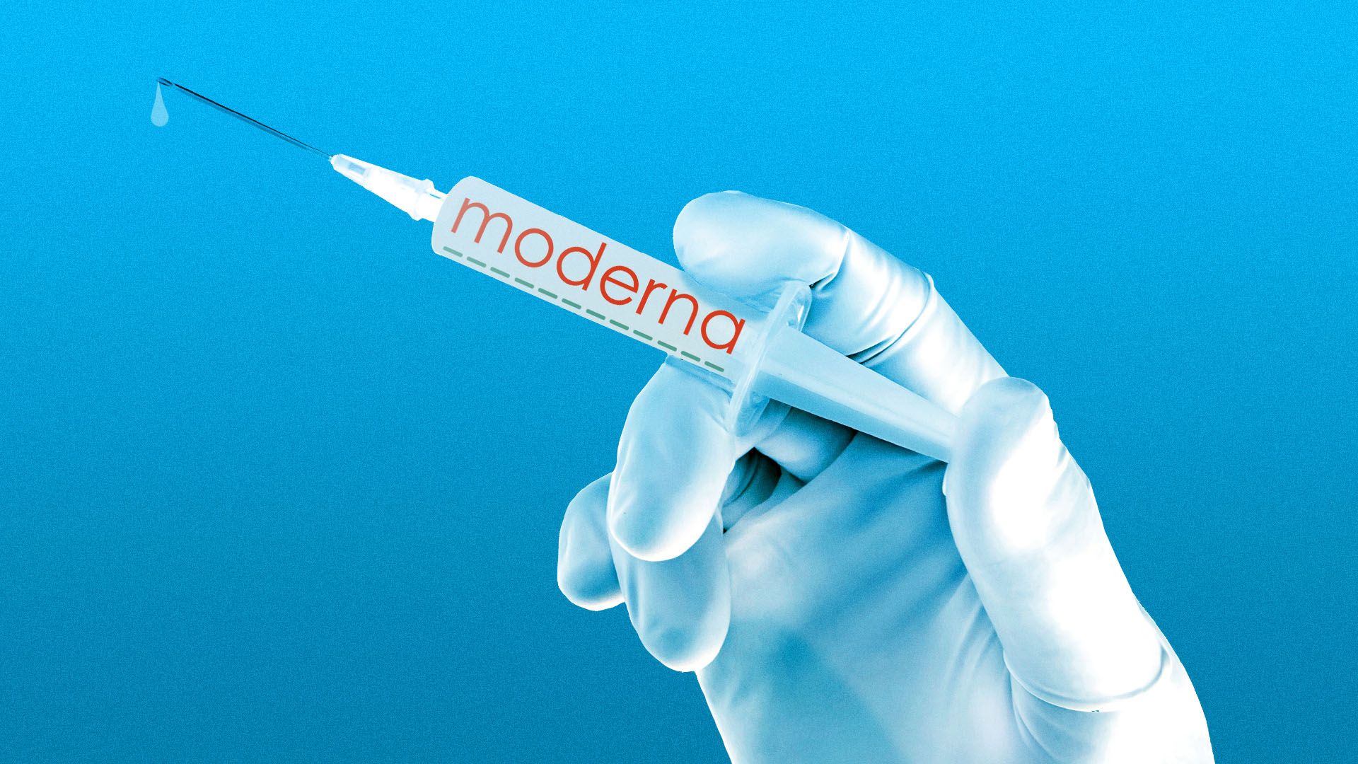 Illustration of a hand holding up a syringe that reads "Moderna" on the side.