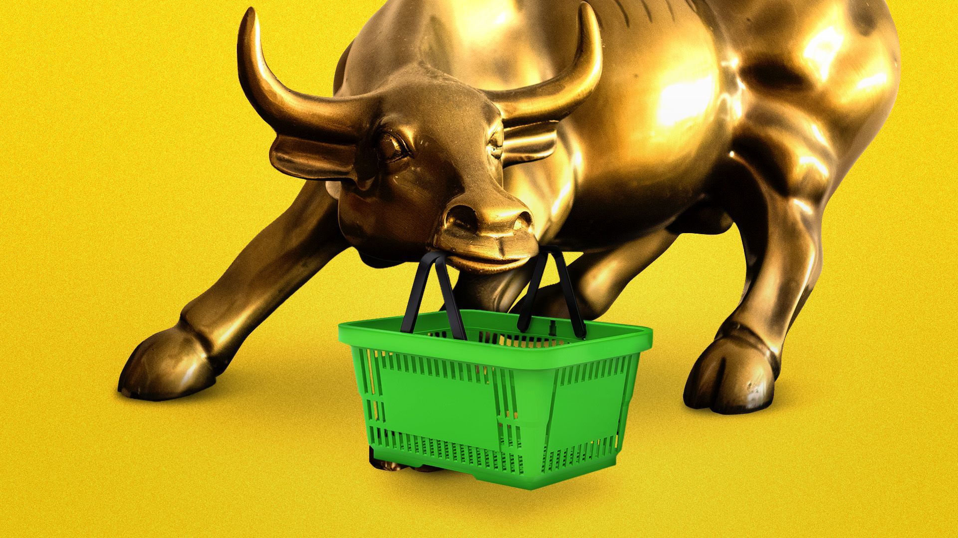 an illustration of the wall street bull holding a green shopping basket in its mouth