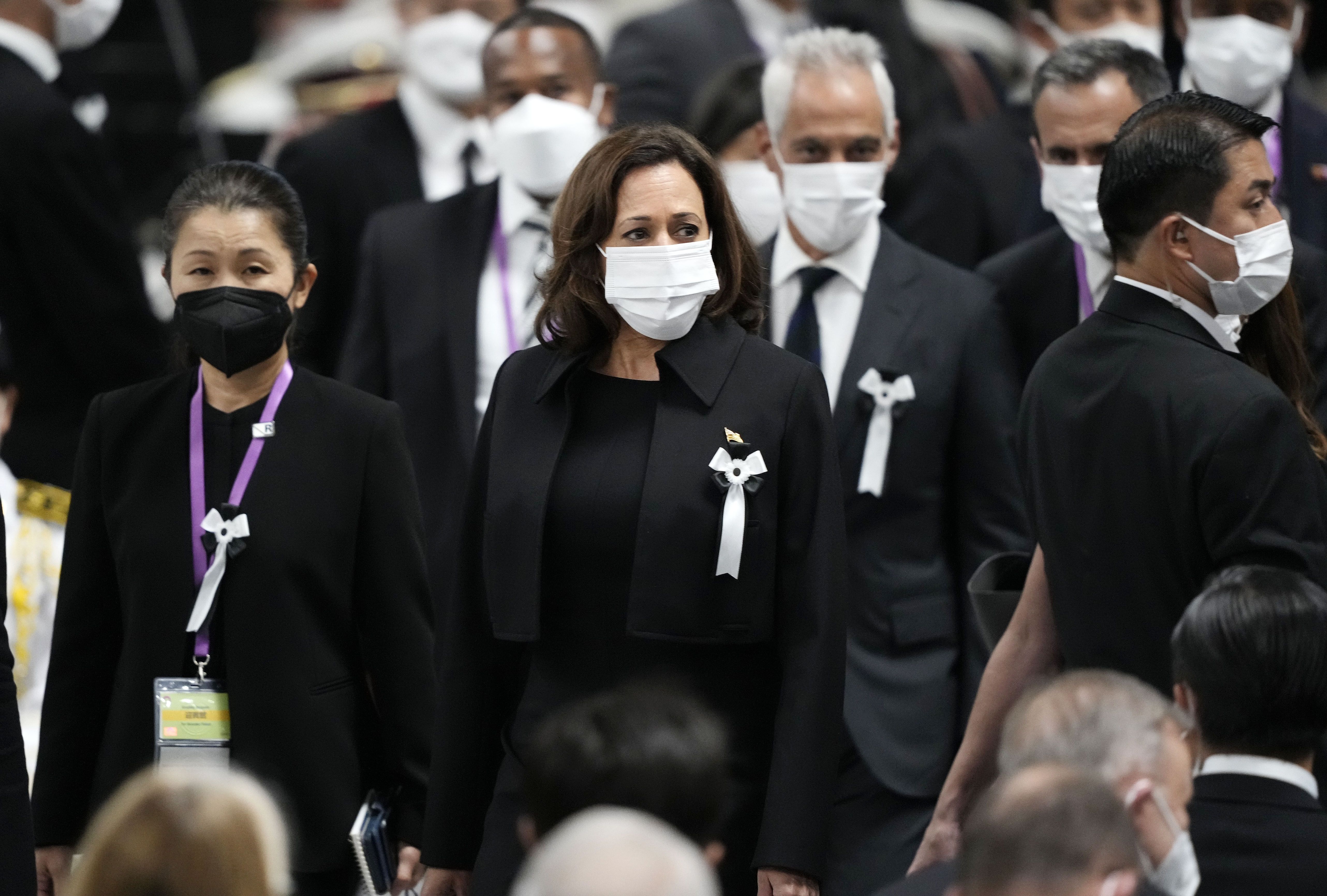 Vice President Kamala Harris (C) arrives for the state funeral of former Japanese Prime Minister Shinzo Abe on September 27, 2022 at the Budokan in Tokyo.
