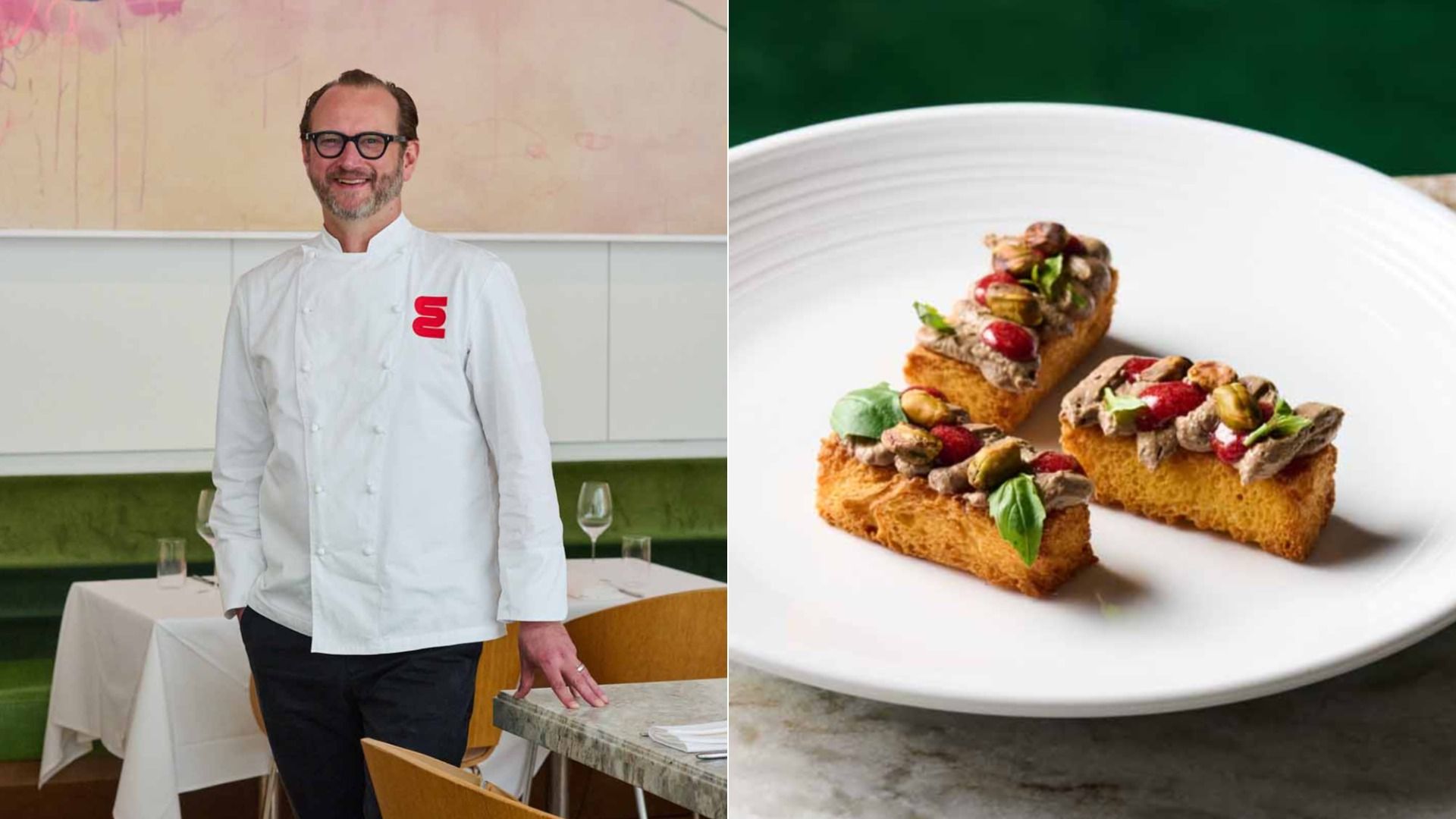 A chef in a white jacket with a red logo stands smiling in a restaurant. On the right, three pieces of toasted bread topped with creamy spread, pistachios, berries, and basil leaves on a white plate.