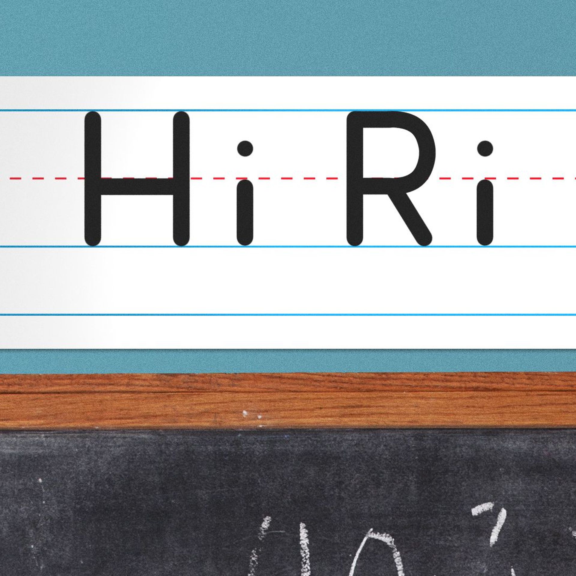 Illustration of a handwriting alphabet above the chalkboard spells out "Hiring."
