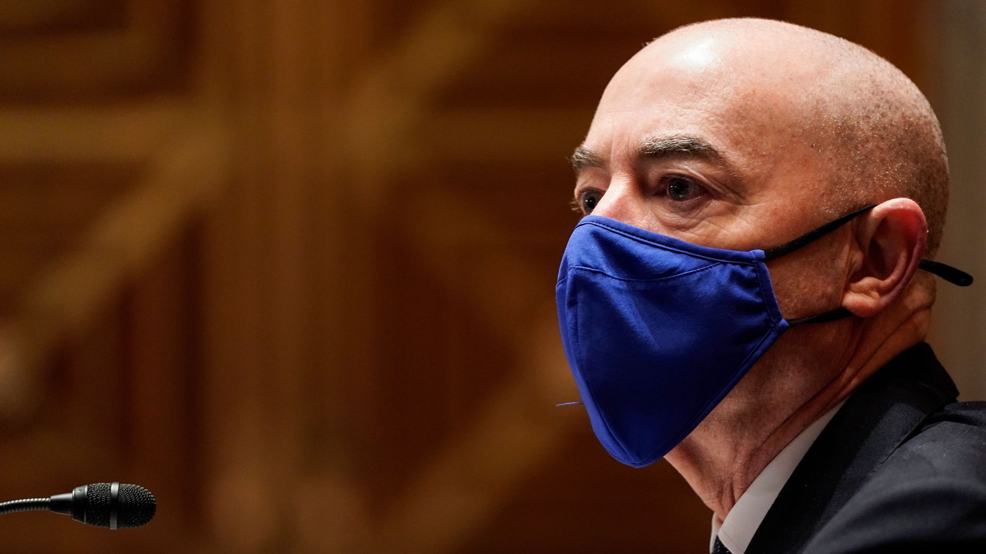 Alejandro Mayorkas is seen speaking during congressional testimony.