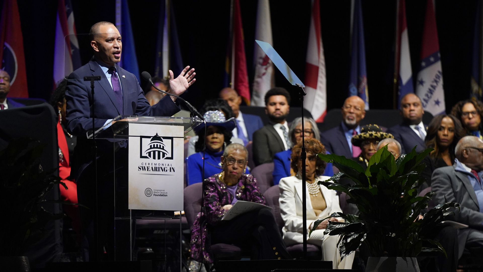 Minority Leader of the U.S House of Representatives, Hakeem Jeffries speaks onstage during the 2025 Congressional Black Caucus Ceremonial Swearing-In at The Anthem on The Wharf on January 03, 2025 in Washington, DC. Photo: Leigh Vogel/Getty Images for Congressional Black Caucus Foundation