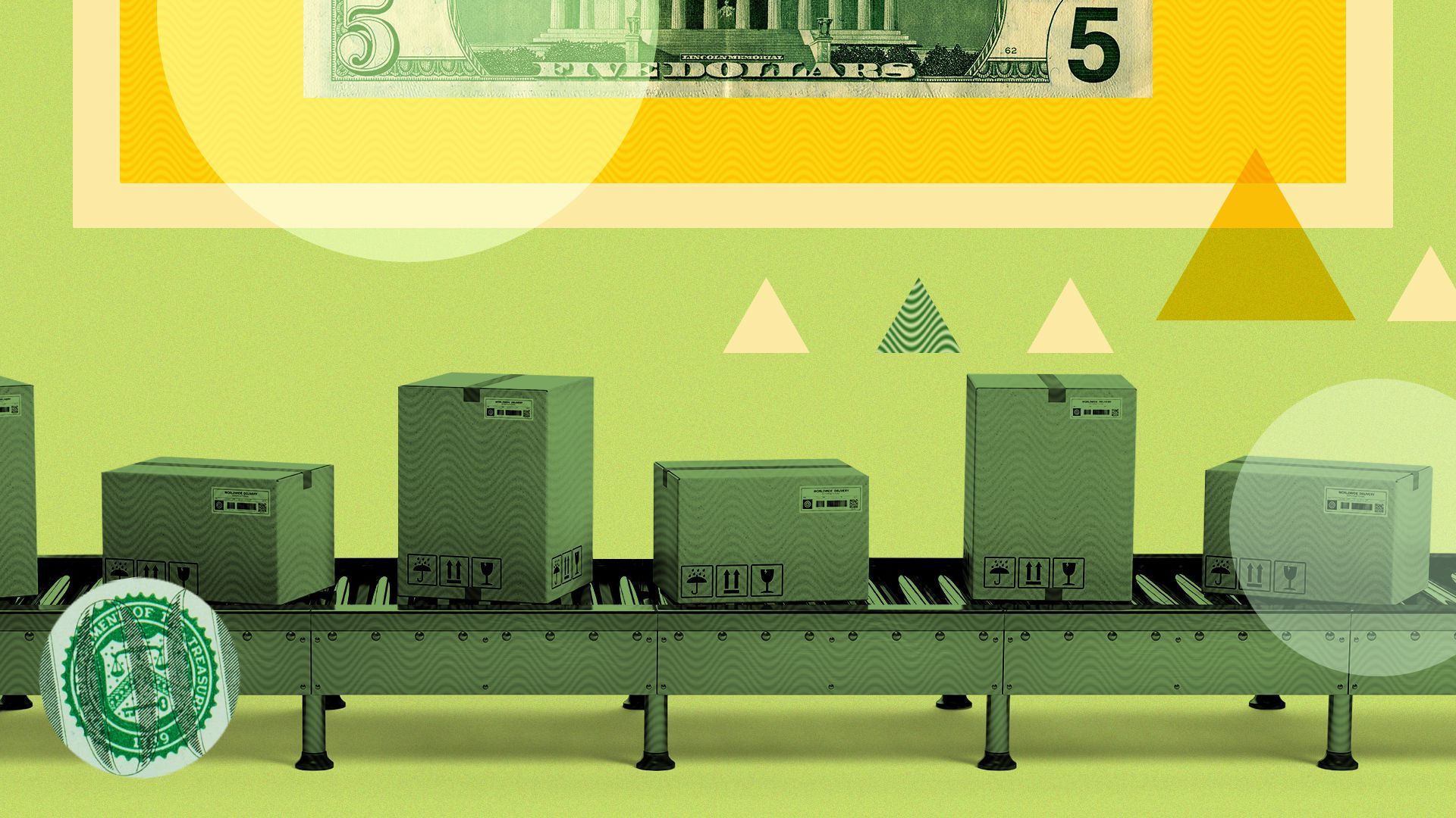 Illustration of a conveyor belt with packages surrounded by shapes and dollar elements.