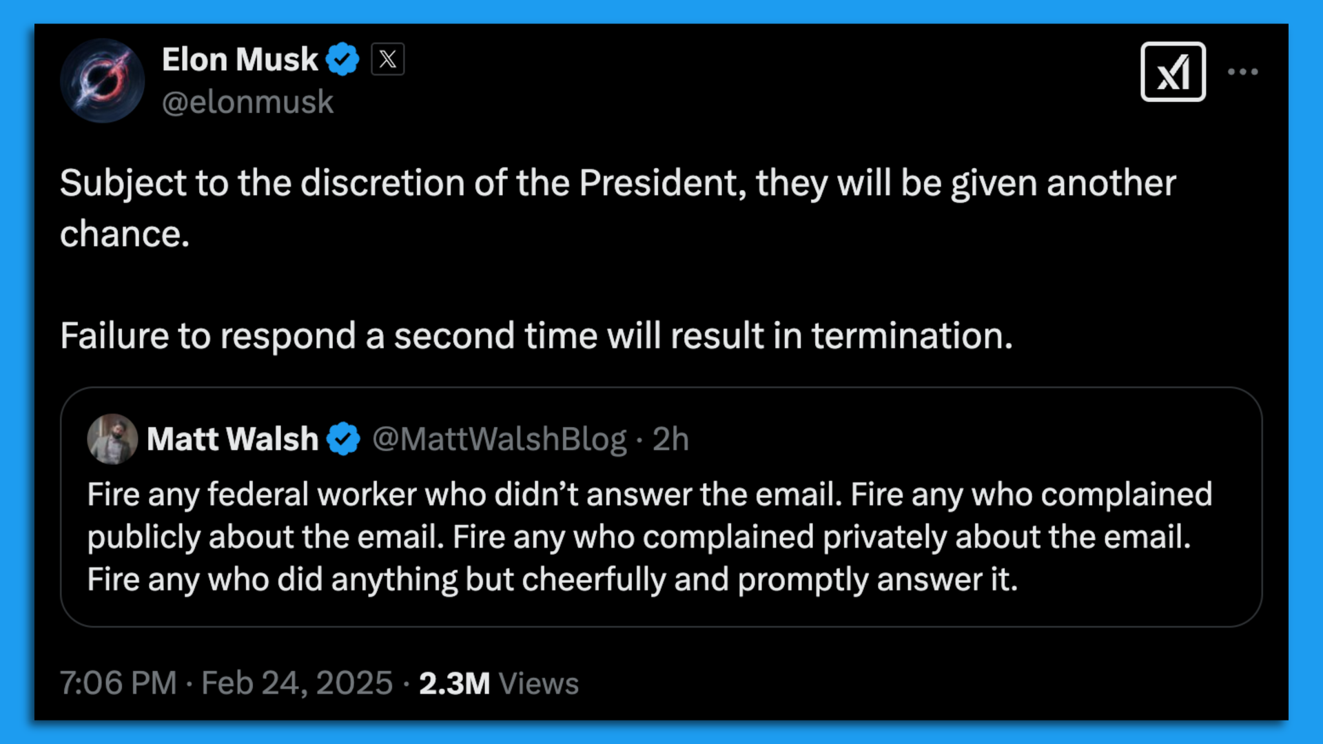 Elon Musk tweet saying: "Subject to the discretion of the President, they will be given another chance. Failure to respond a second time will result in termination."