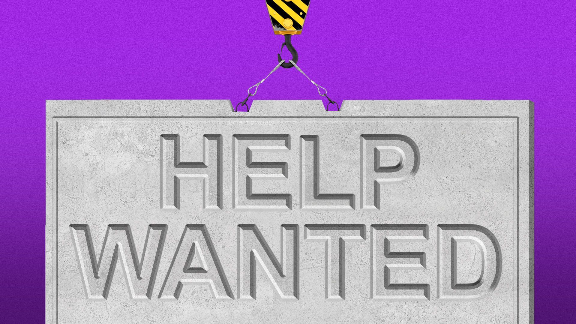 Illustration of a crane holding a concrete "Help Wanted" sign.