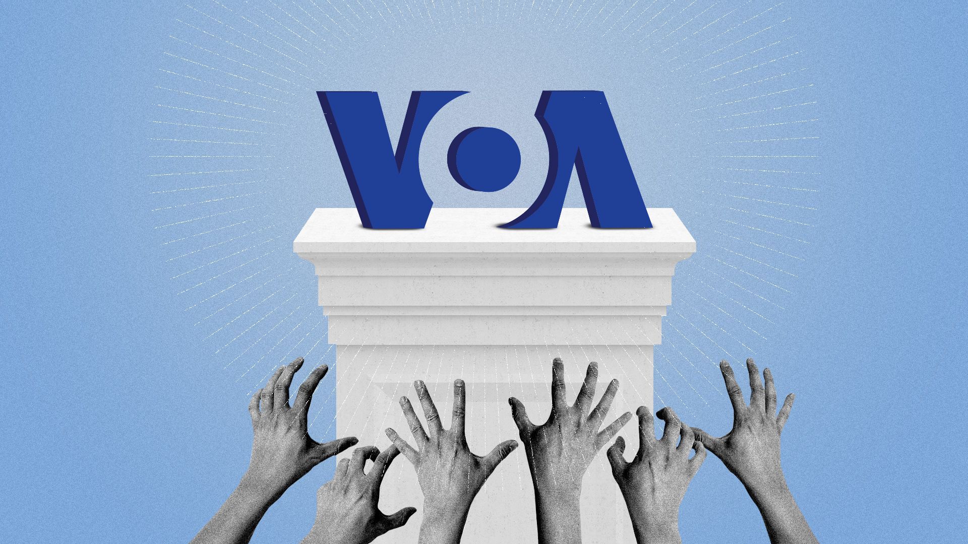 A graphic depicting hands clamoring for a Voice of America sign.