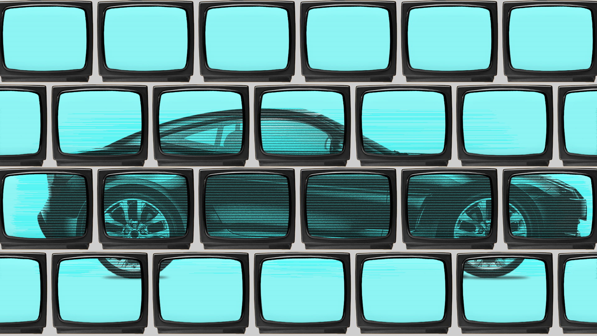 Illustration of a wall of televisions showing footage of a car