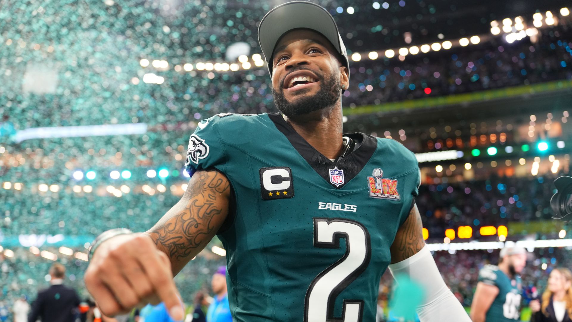 Former Eagle Darius Slay Jr. celebrating after the Birds defeated Kansas in Super Bowl LIX.