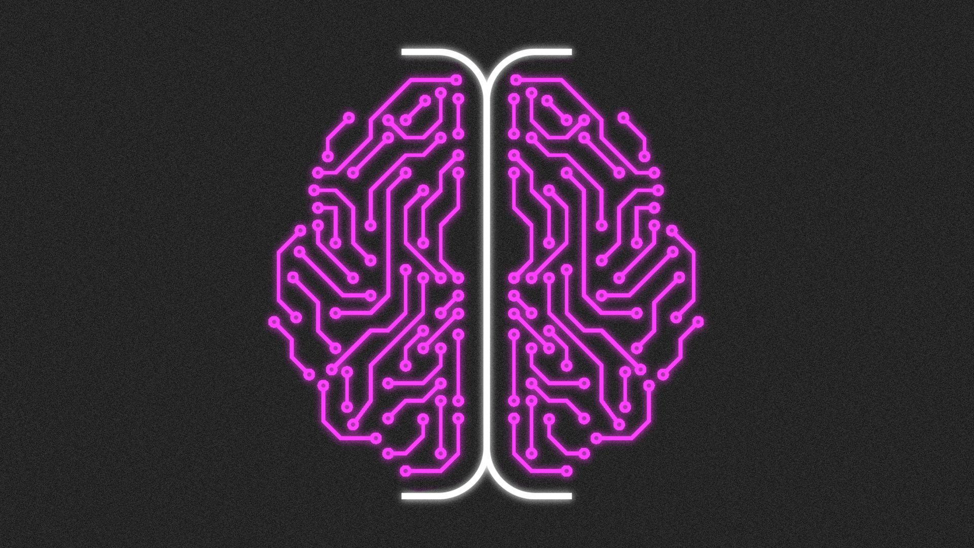 Illustration of a brain made up from a glowing white cursor in the center and a glowing circuit pattern on either side. 