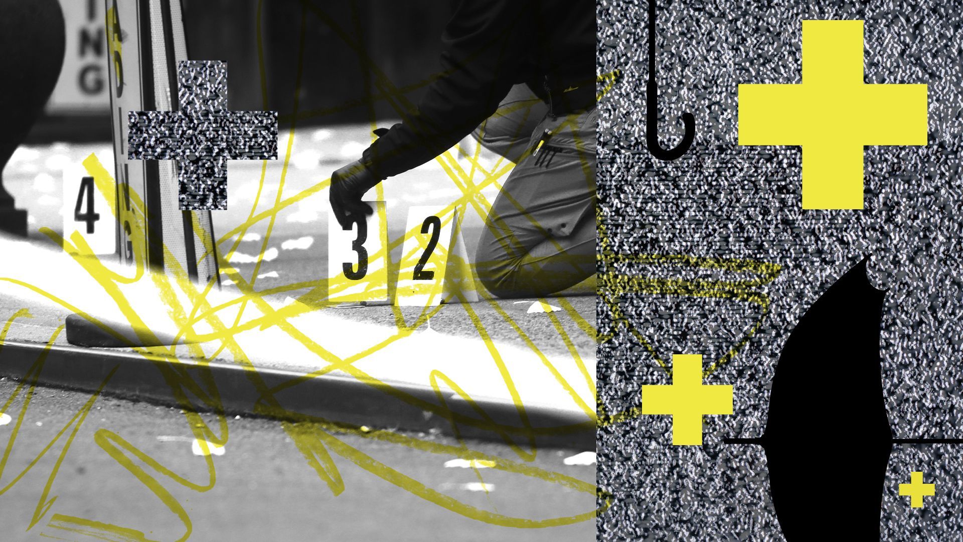 Photo illustrated collage of a crime scene superimposed with static, umbrellas, and health plus shapes. 