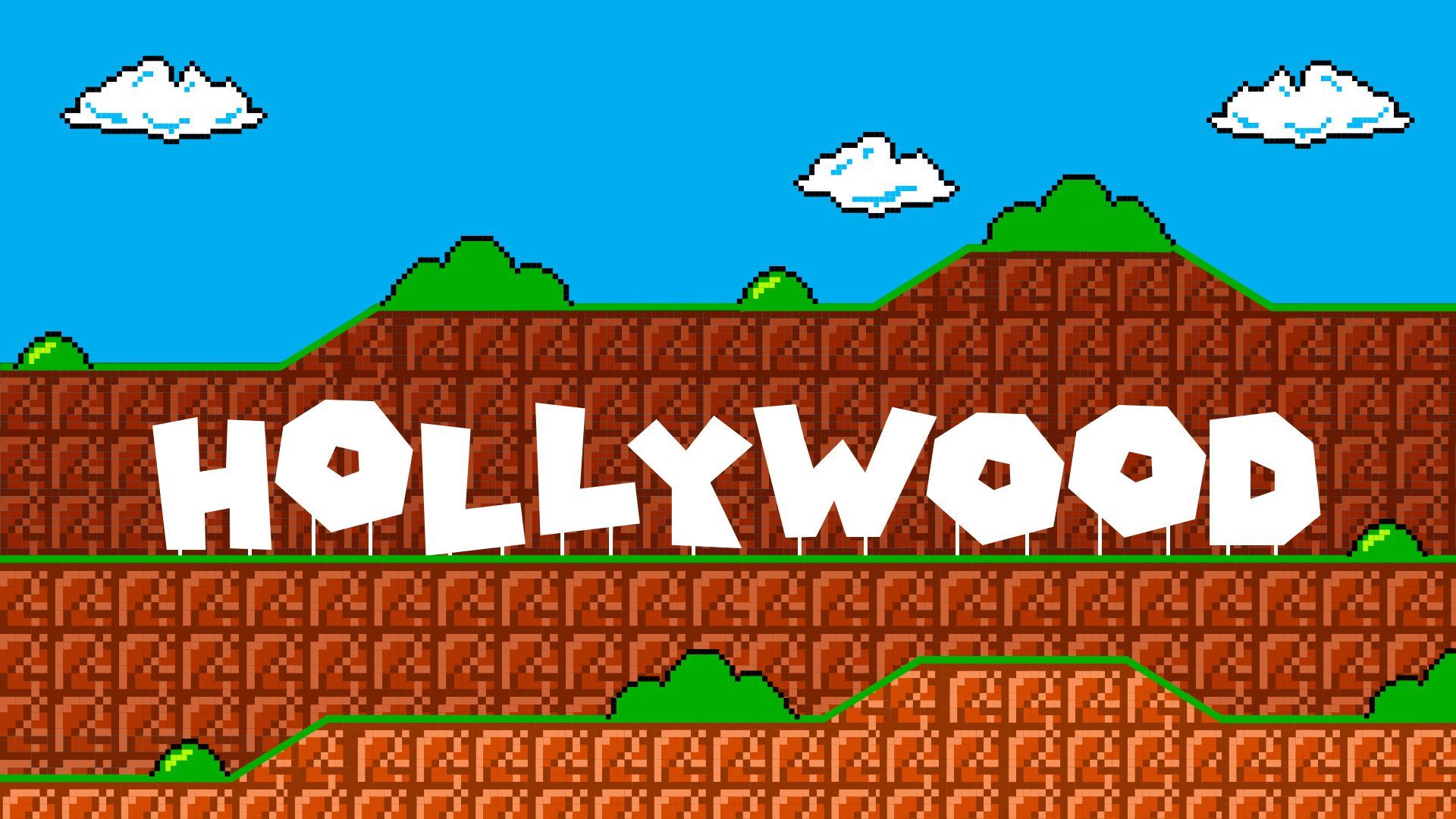 Illustration of the Hollywood sign stylized as a Super Mario level.