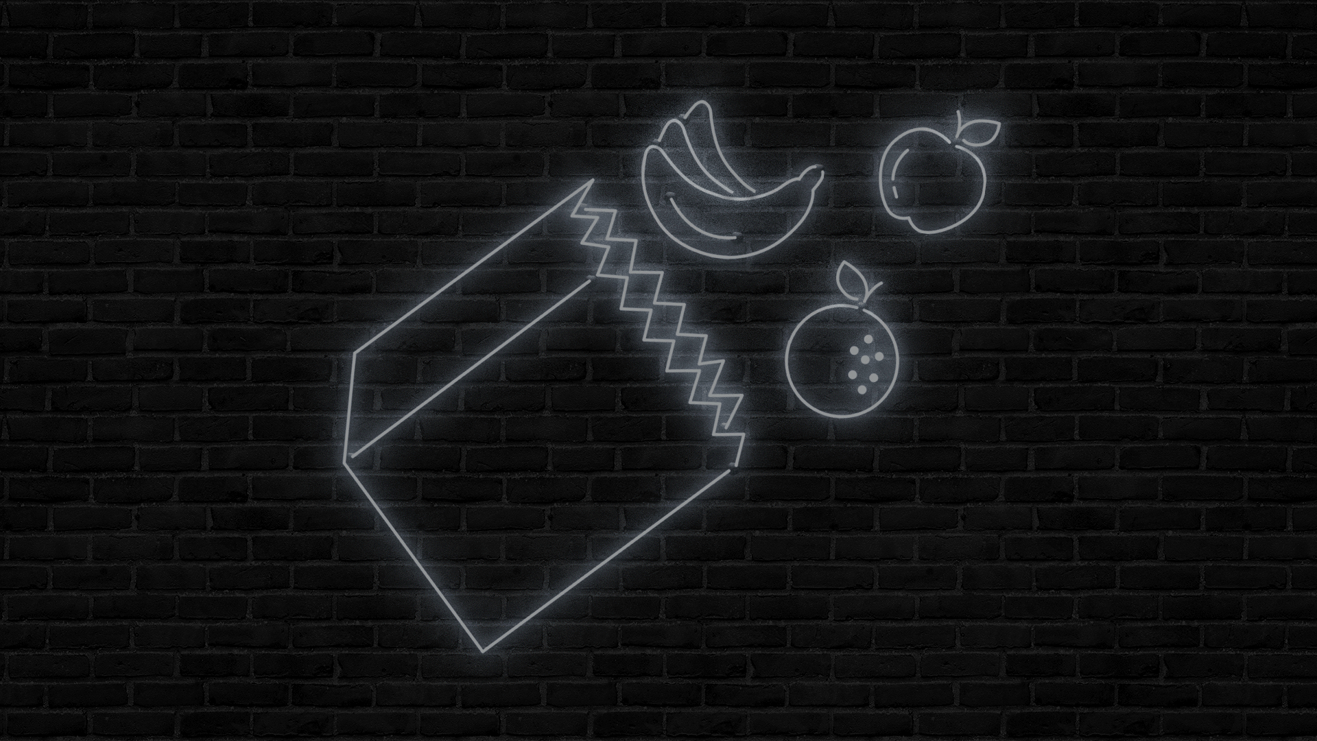 Animated illustration of a neon sign with a brown paper bag and fruit flying out.  