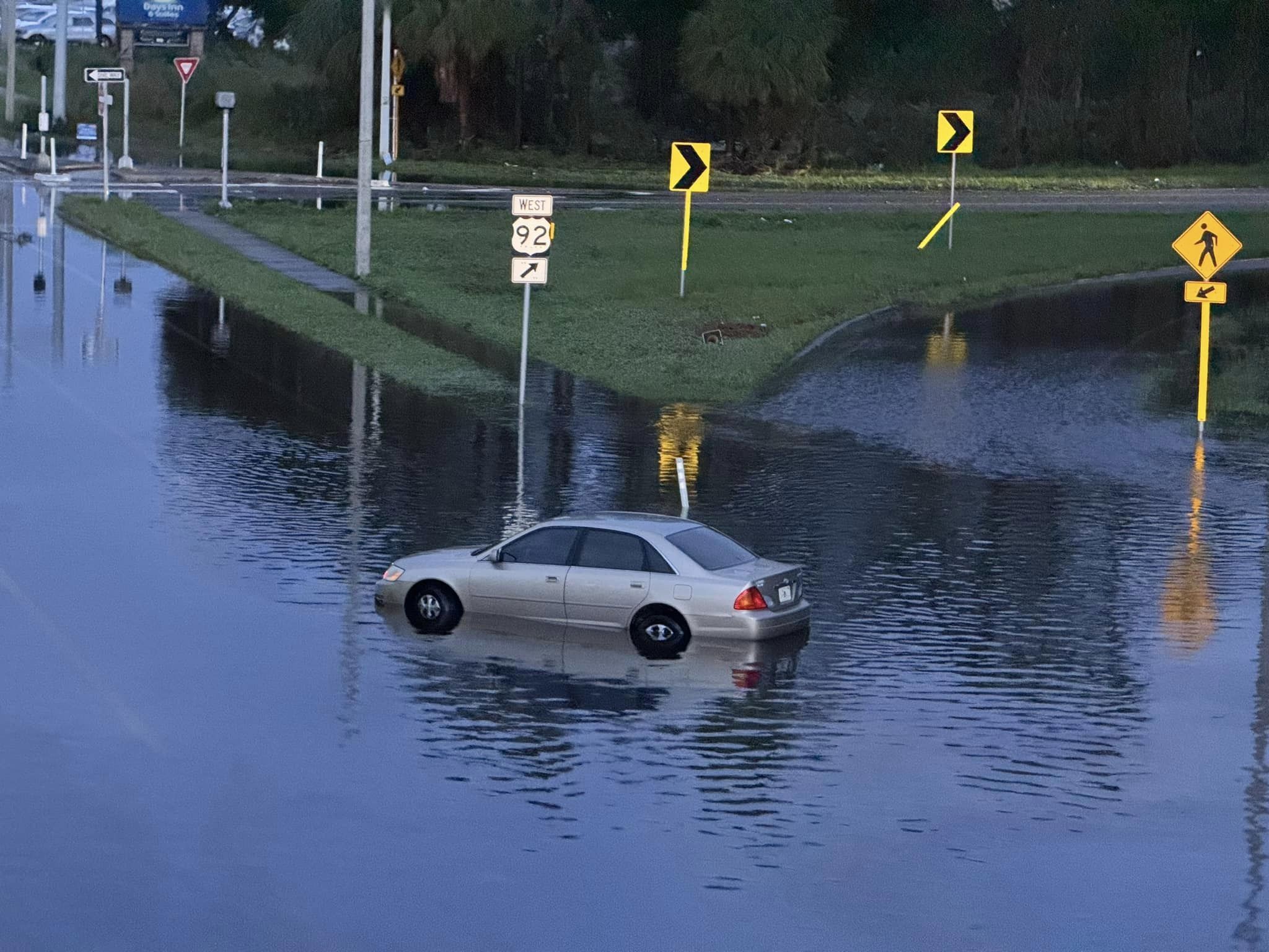  A view of a partially submerged car after Hurricane Milton caused severe flooding near Hillsborough Ave and Dale Mabry in Tampa, Florida, United States on October 10, 2024. (Photo by Hillsborough County Sheriff Office / Handout/Anadolu via Getty Images)
