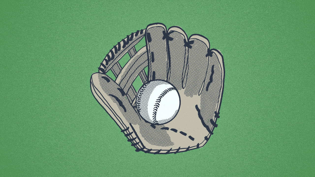 Illustration of a baseball infielders glove that changes to an infield, which is divided by a dotted line. Blue dots representing defensive players pop up.