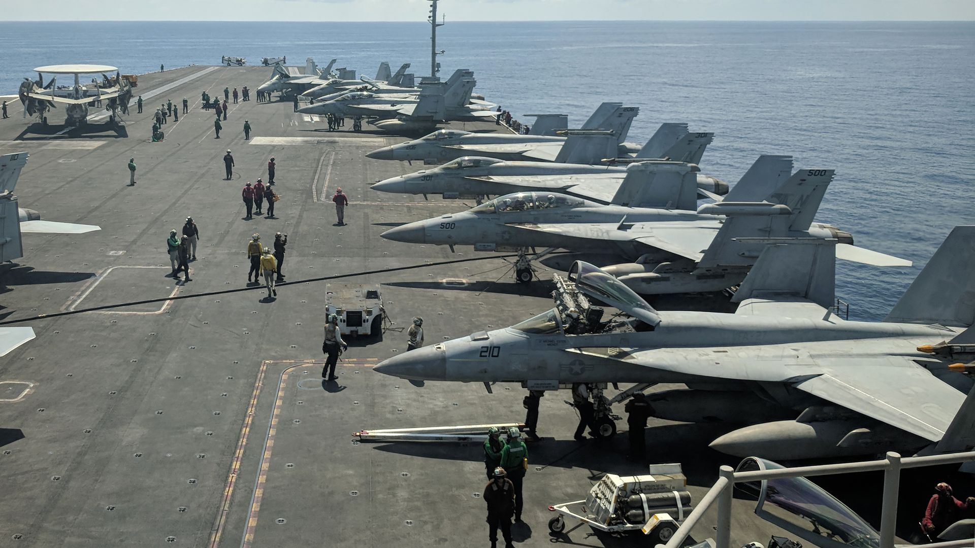 US Navy personnel and aircraft on board the USS Ronald Reagan in October 2019 in the South China Sea.