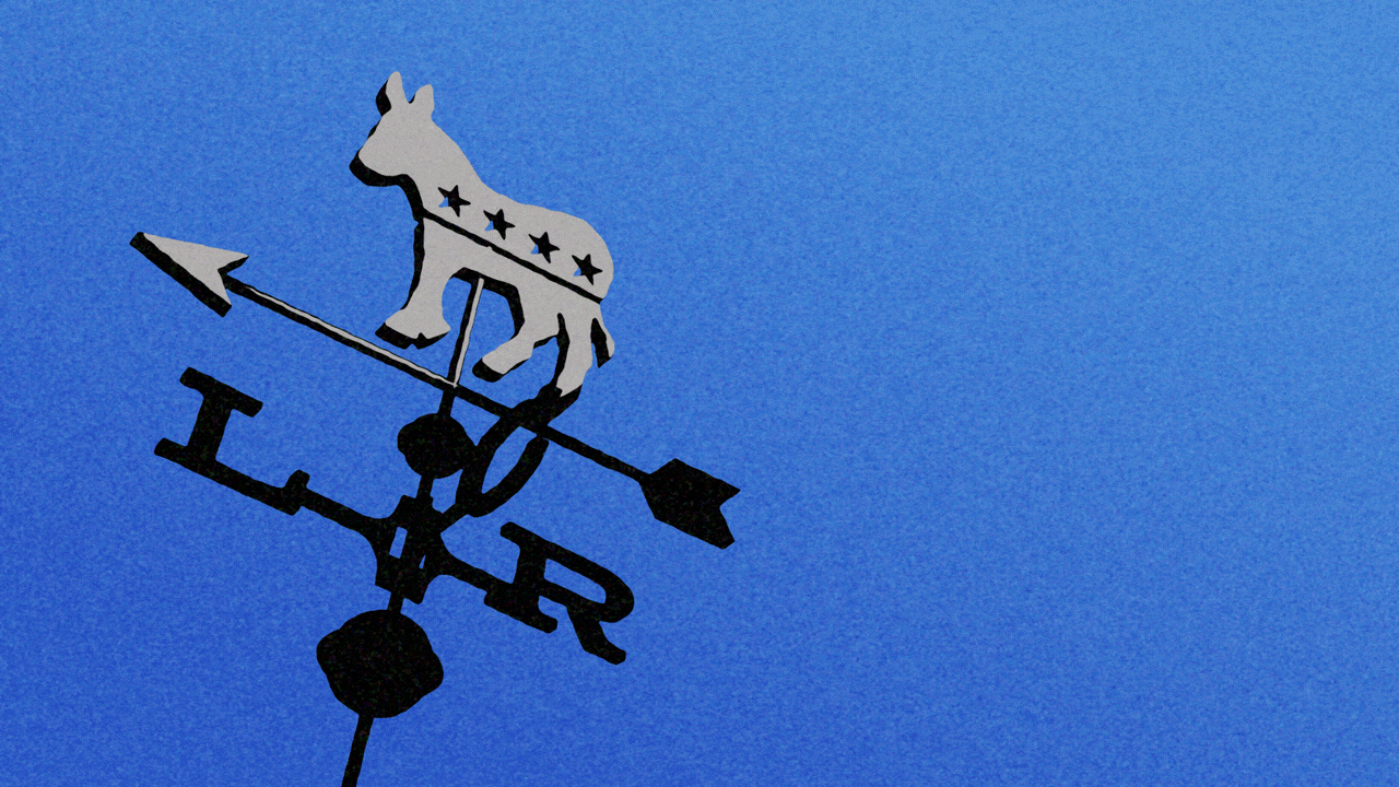 Animated illustration of a weathervane with a donkey on top, and an L, C, and R instead of compass coordinates. The arrow and donkey are swiveling between the L and the C.