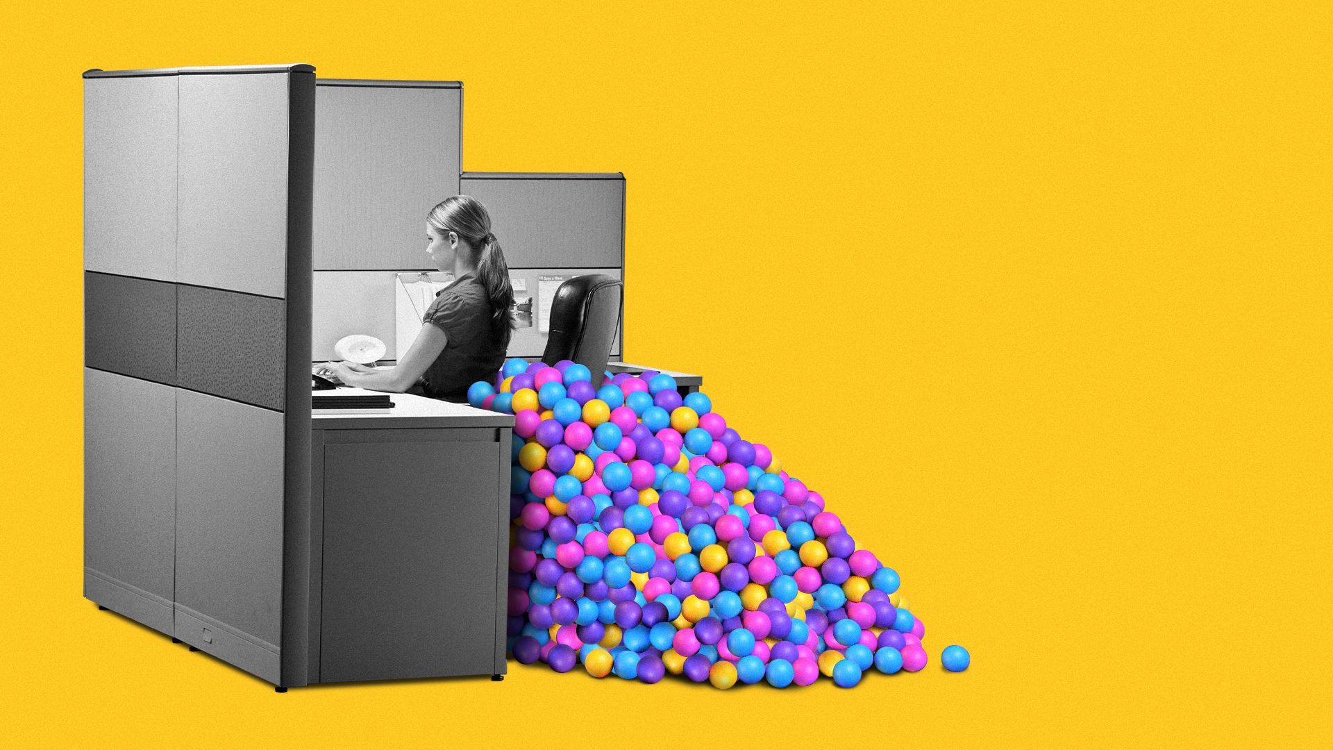 Illustration of ball pit balls falling out of a cubicle.
