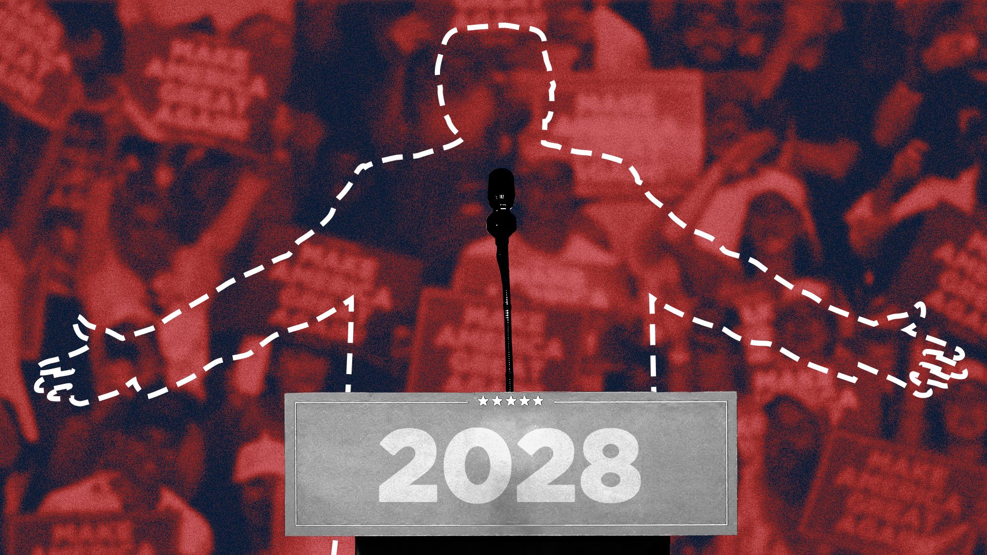Photo illustration of the dotted outline of a Donald Trump, standing with his arms spread in front of a rally crowd, at a podium that reads 2028.