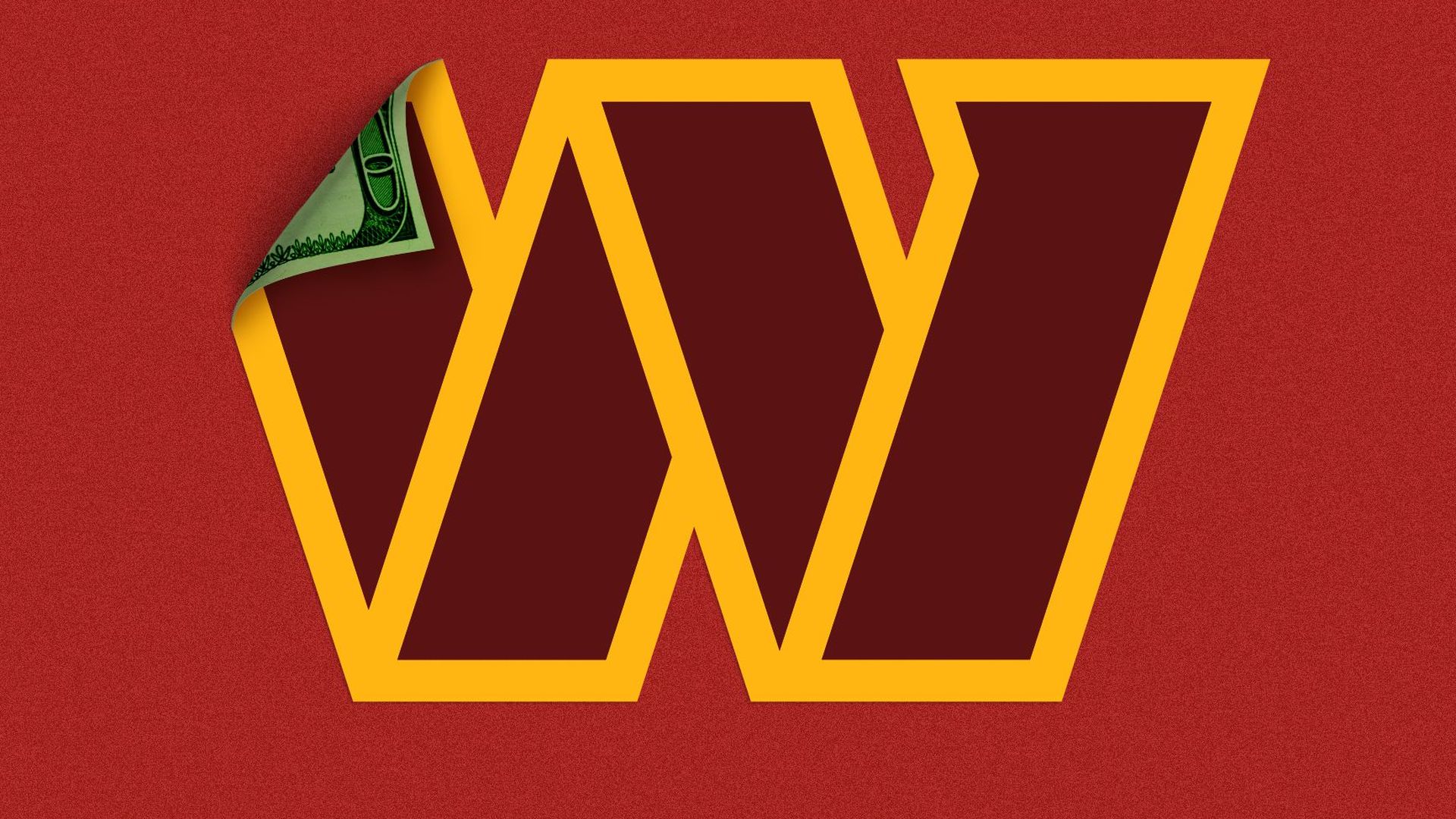Illustration of the Washington Commander's logo peeling back to reveal a hundred dollar bill on the reverse side.