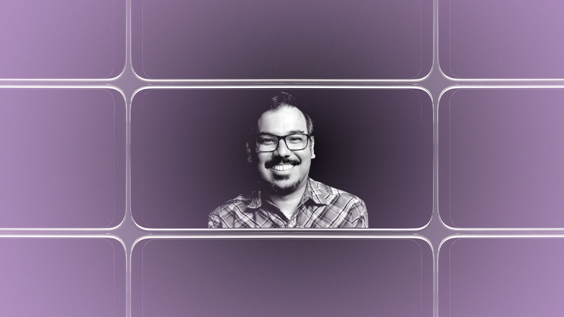 Photo illustration of a grid of smartphone screens, the center one showing an image of José Ralat.