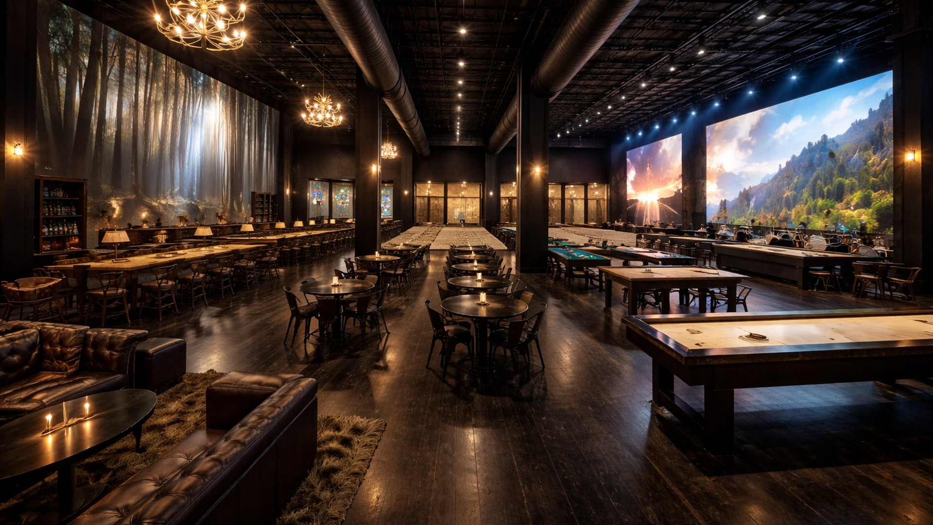 Dim, upscale gaming lounge with dark wood floors, long tables along the left, pool tables on the right, and large landscape screens; chandeliers and warm lighting create a luxurious atmosphere.