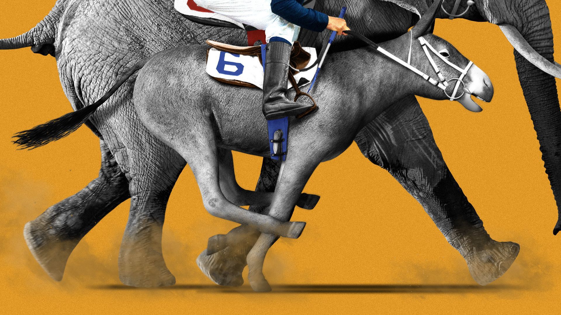 Illustration of jockeys riding a donkey and an elephant in a race.