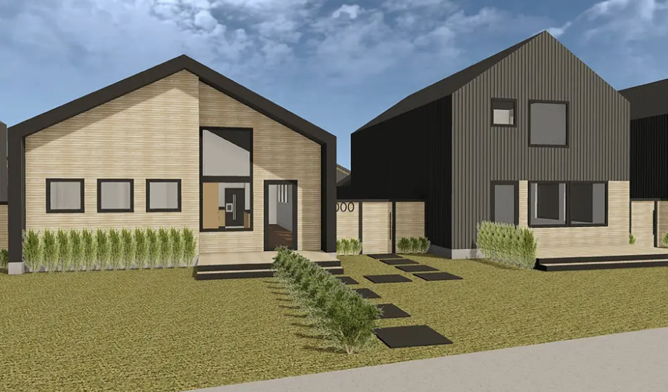 Two modern houses with angular roofs; left in light wood with a tall triangular window, right in dark siding with large windows. A stepping-stone path and shrubs line the yard under a blue sky.