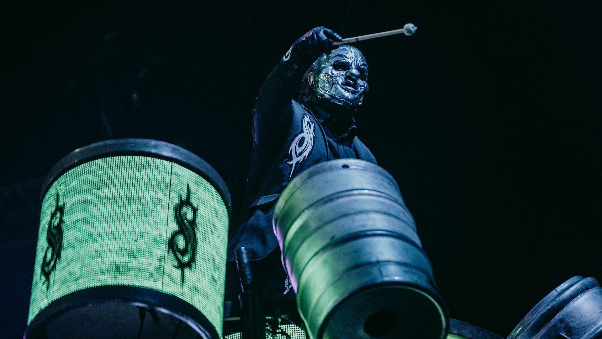 A member of Slipknot performs on the drums