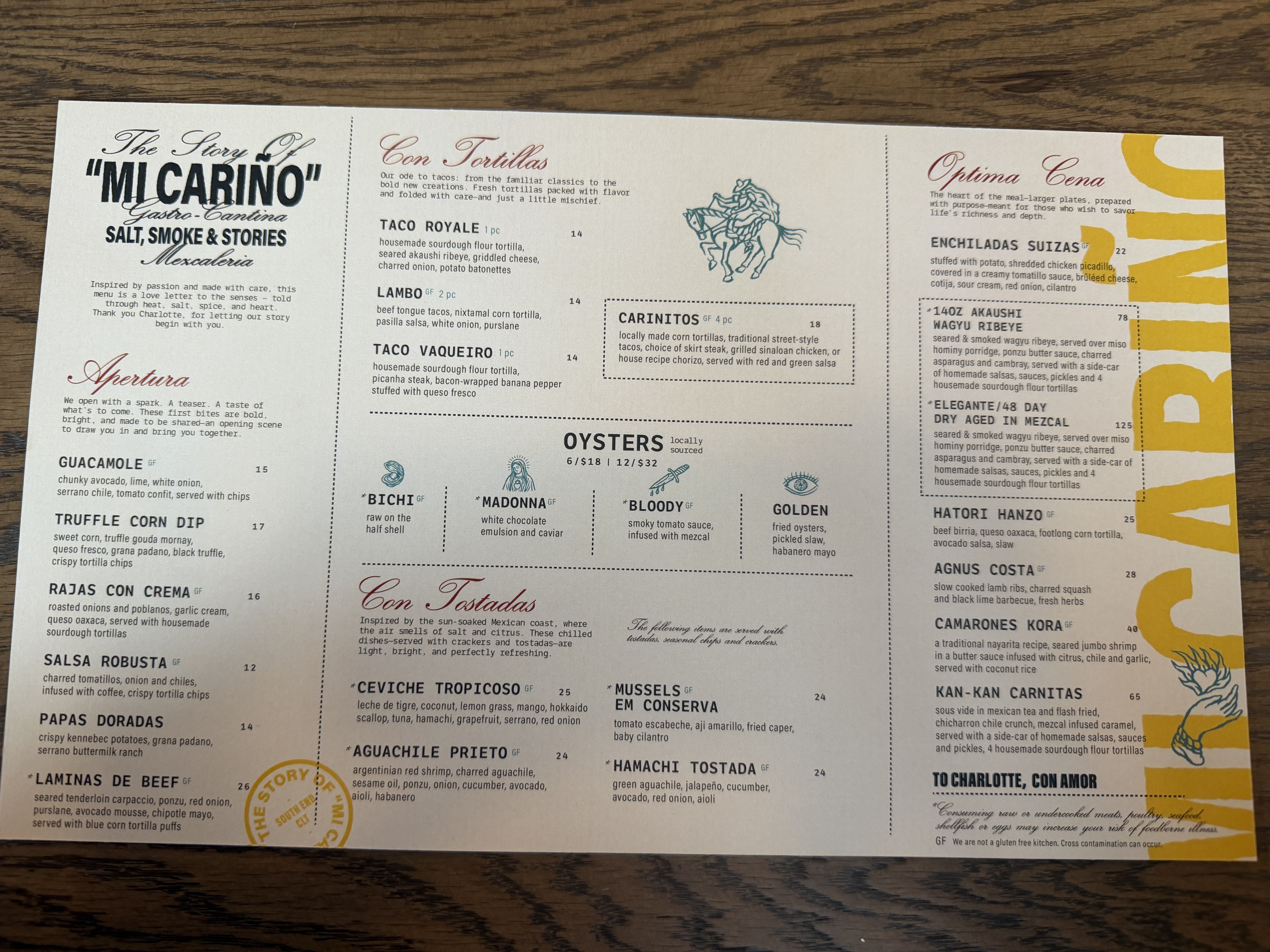 Menu from MI CARIÑO Gastro-Cantina featuring sections: Apertura, Con Tortillas, Oysters, Con Tostadas, and Optima Cena with various Mexican dishes including tacos, ceviche, and wagyu ribeye.