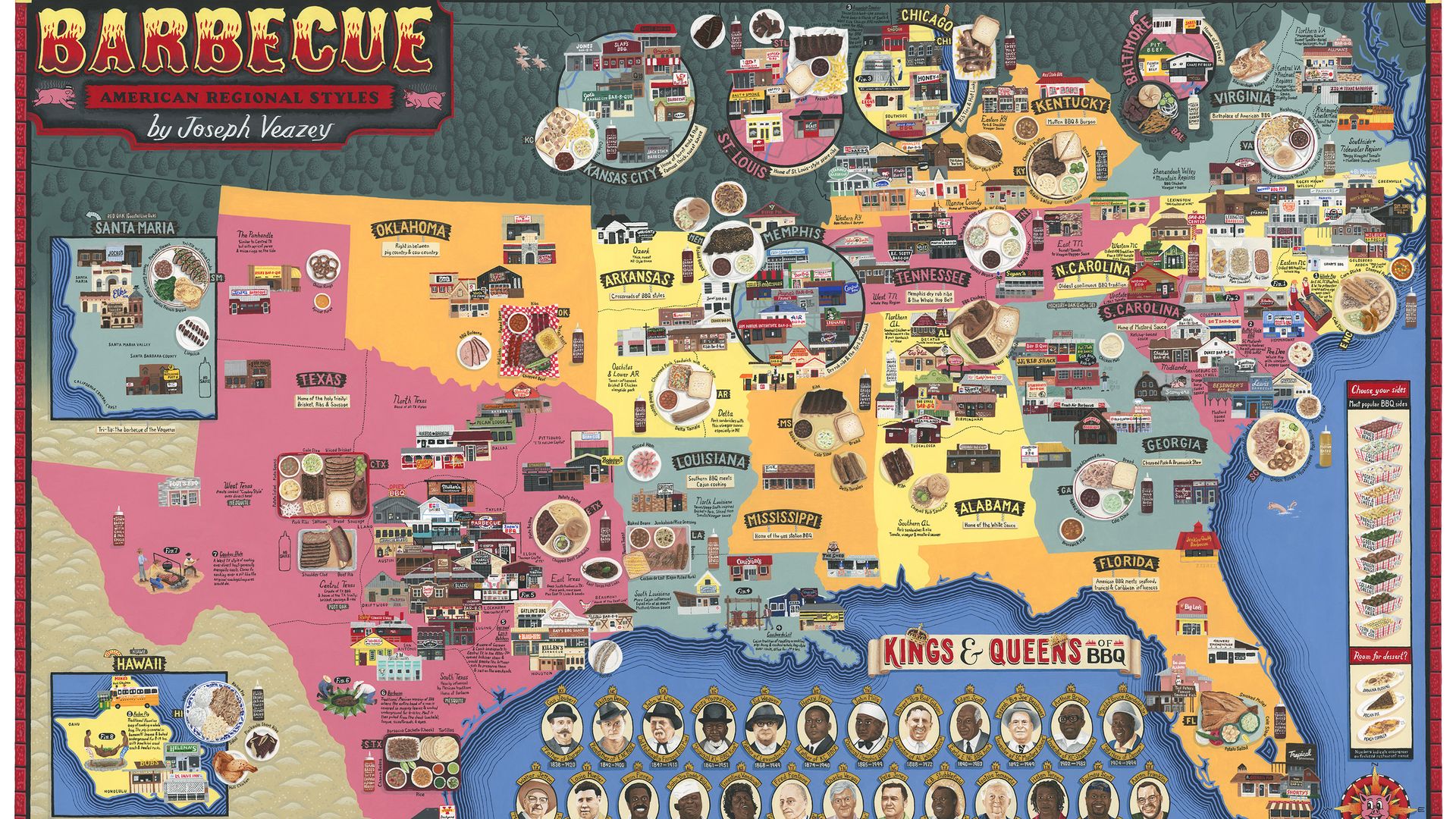 Colorful illustrated map of American regional barbecue styles by Joseph Veazey, showing barbecue types, foods, and famous restaurants by state, plus portraits titled "Kings & Queens of BBQ."
