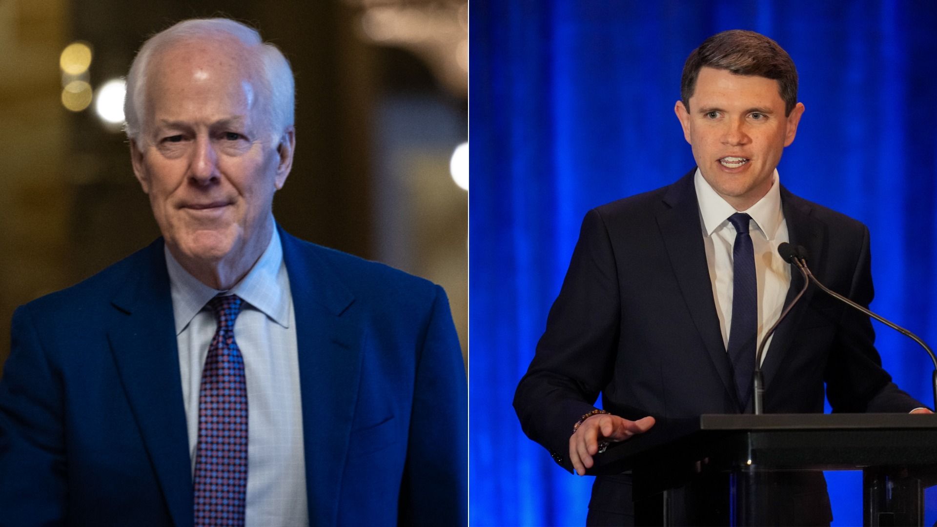 Side-by-side images of two men wearing suits; older man on left with white hair and blue suit, younger man on right speaking at a podium with blue curtain background.