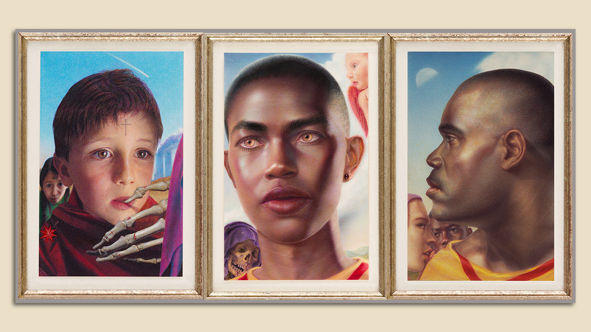 A piece of three framed portraits.