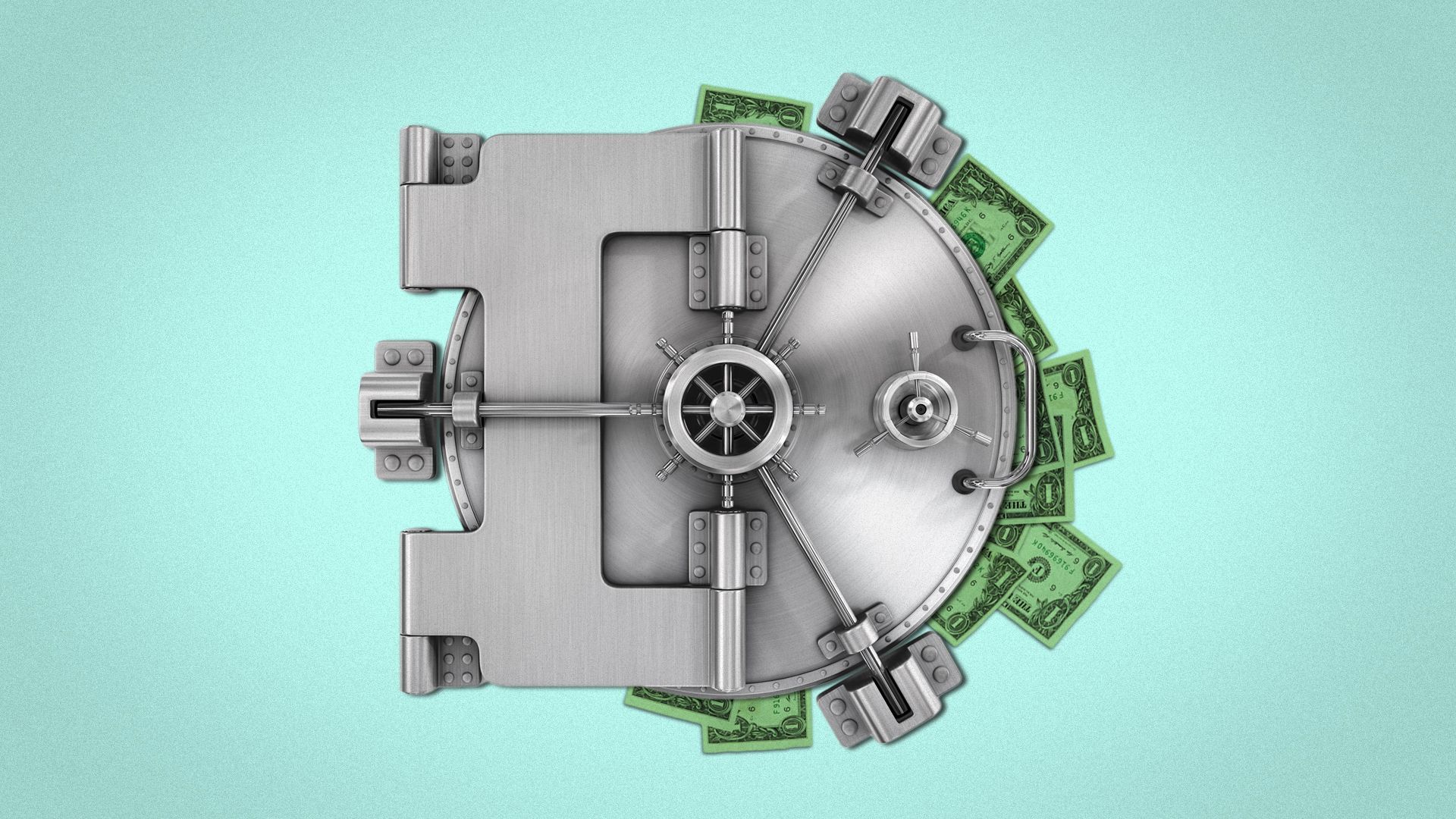 Illustration of dollar bills sticking out of a vault door.