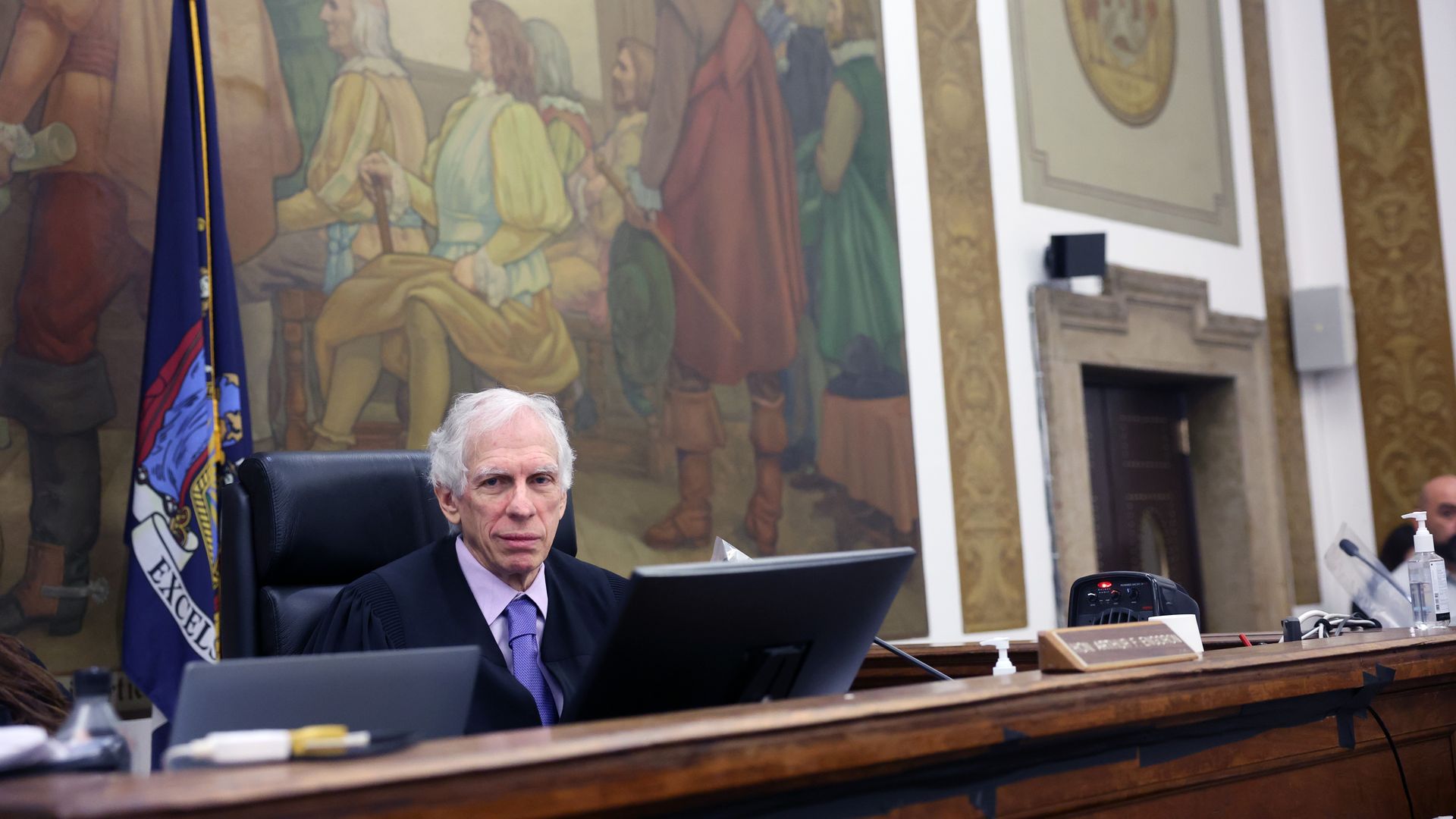  Justice Arthur Engoron sits in his court room during the civil fraud trial for Former President Donald Trump at New York State Supreme Court on October 25, 2023 in New York City.